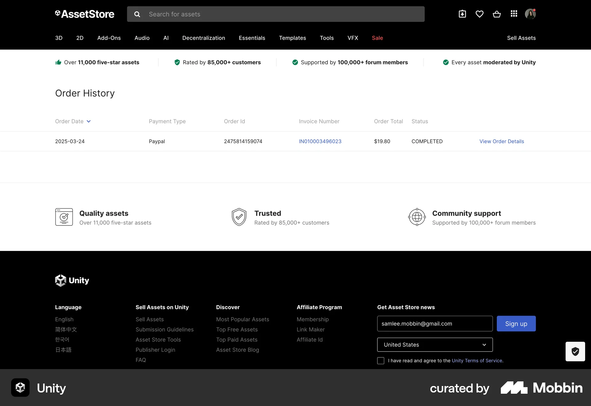 Unity Web Order History screen