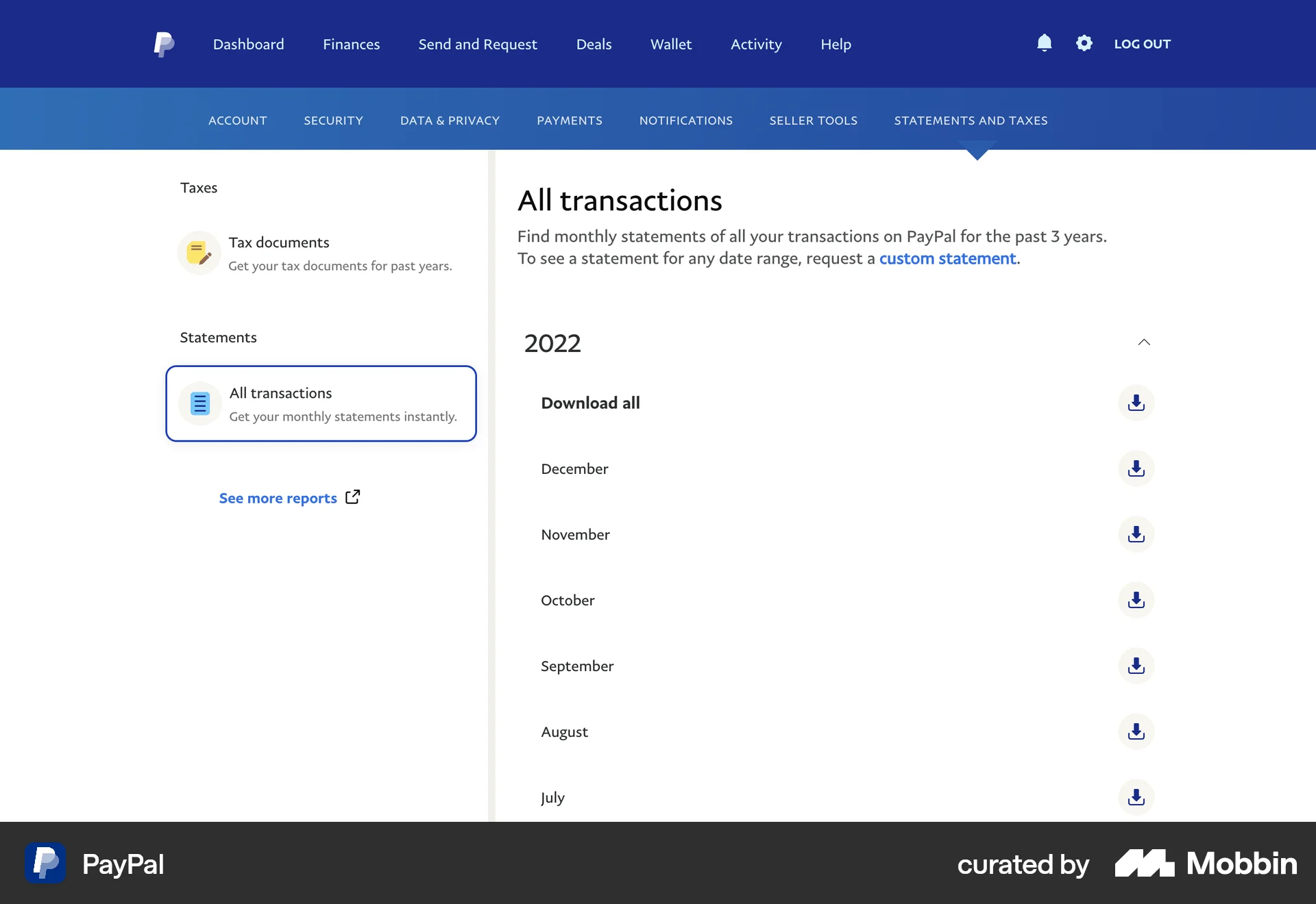 PayPal Web Timeline & History screen