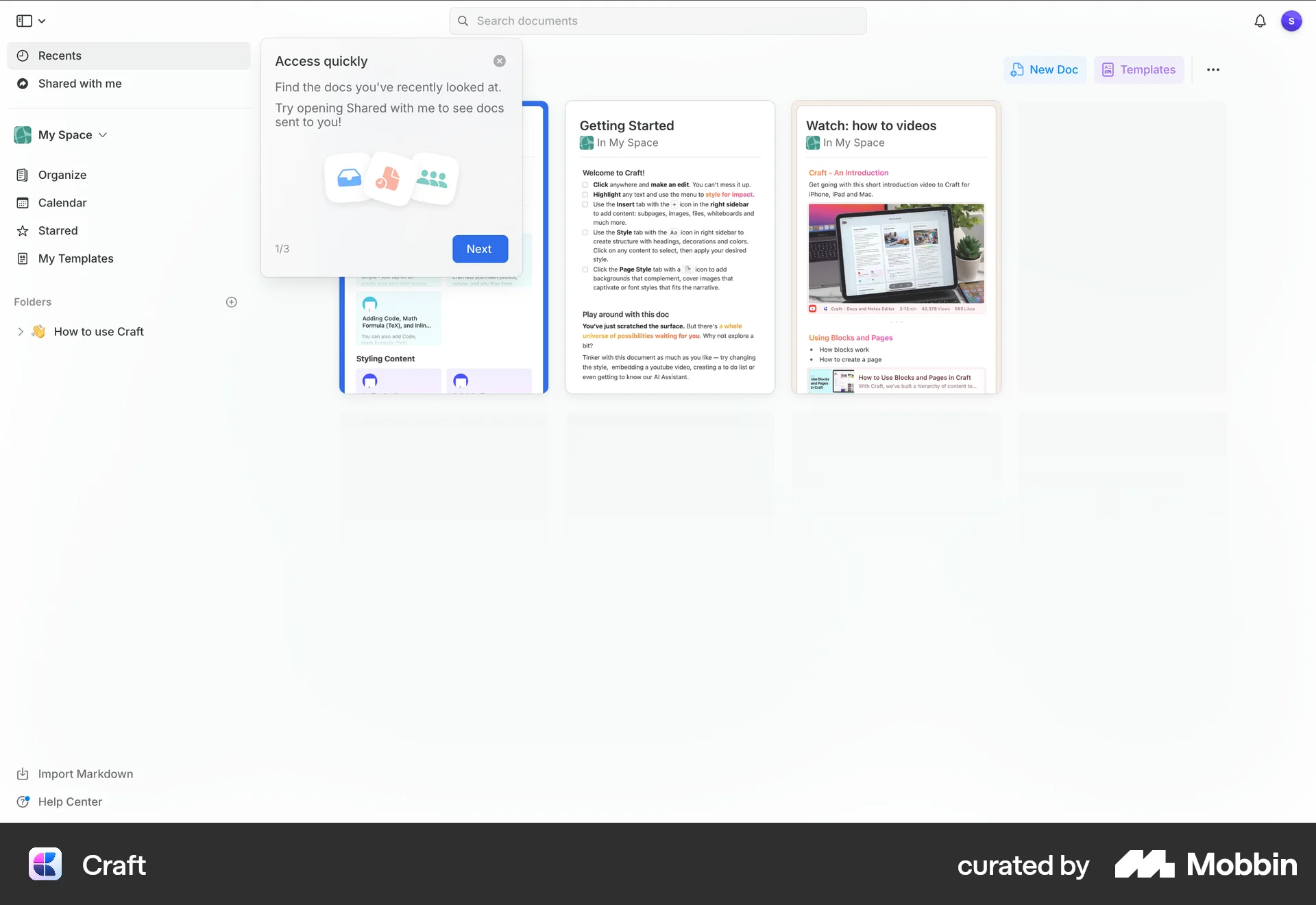 Craft Web Guided Tour & Tutorial screen