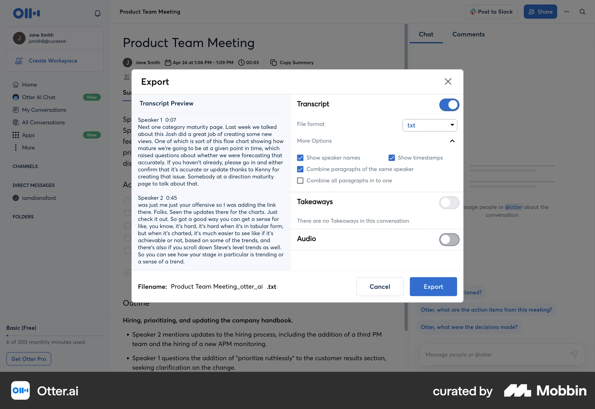 Otter.ai Web Import & Export screen