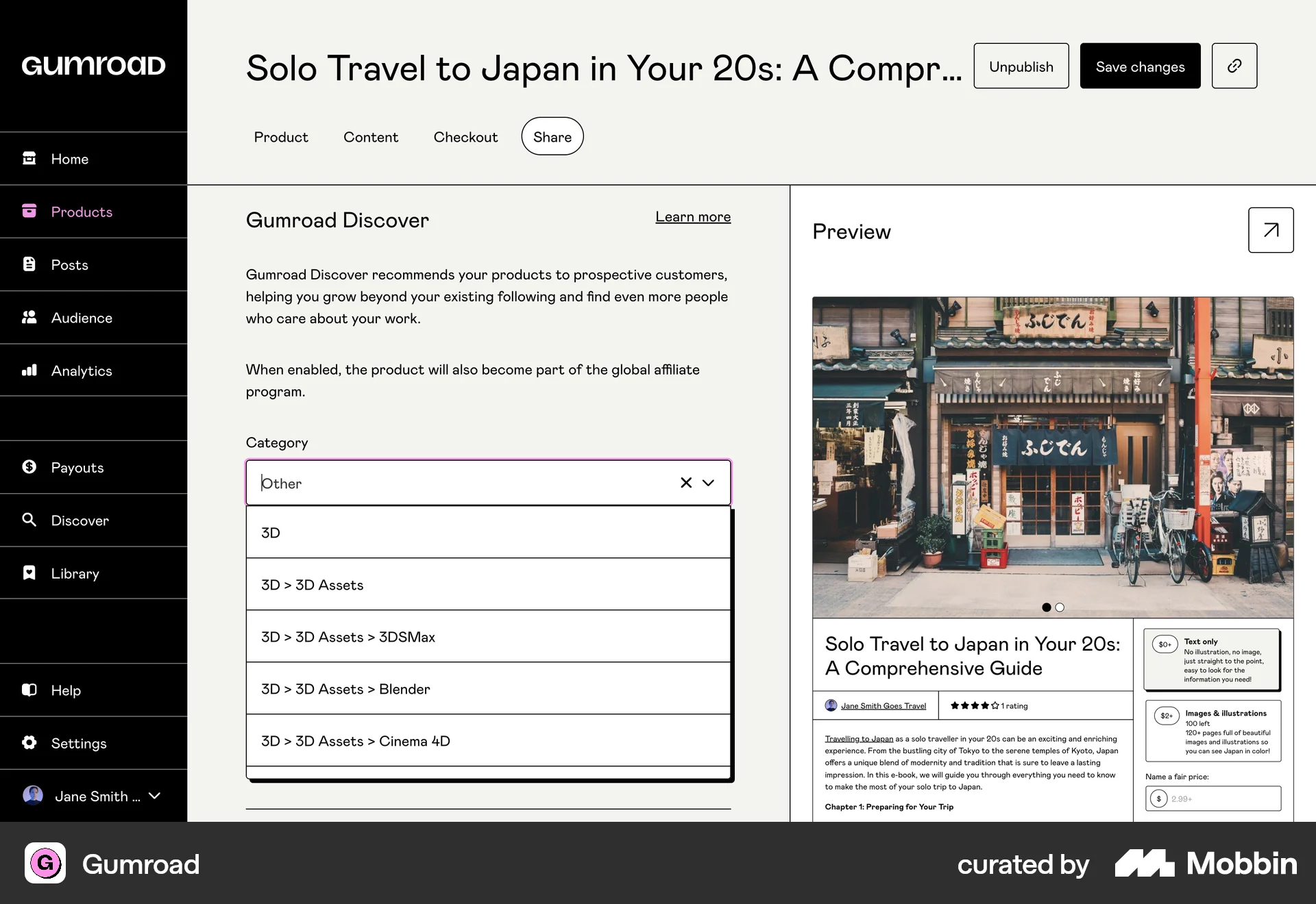 Gumroad Web Share screen