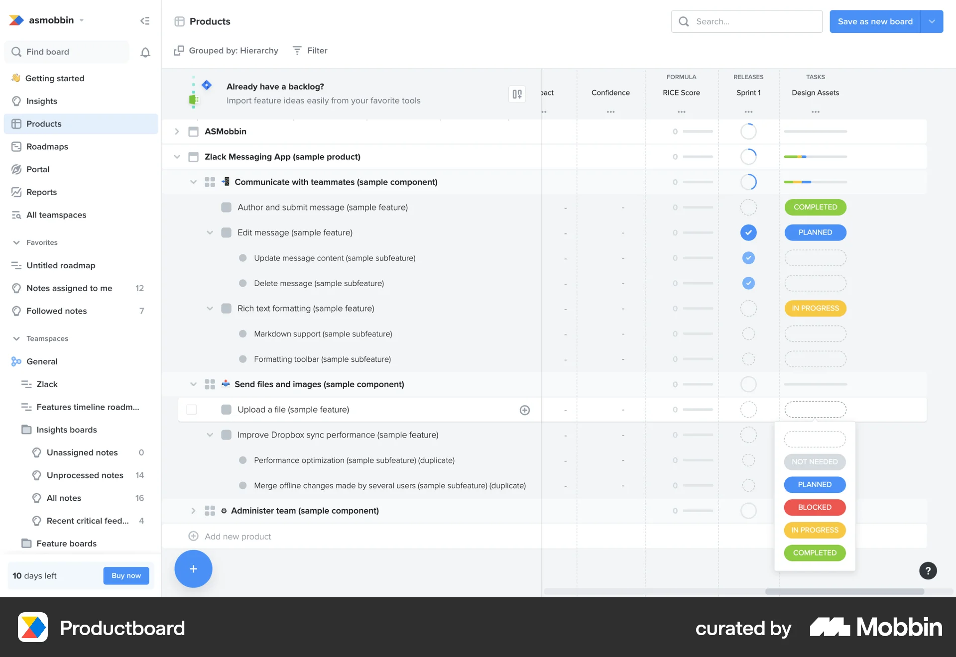 Productboard Web screen containing Select UI element