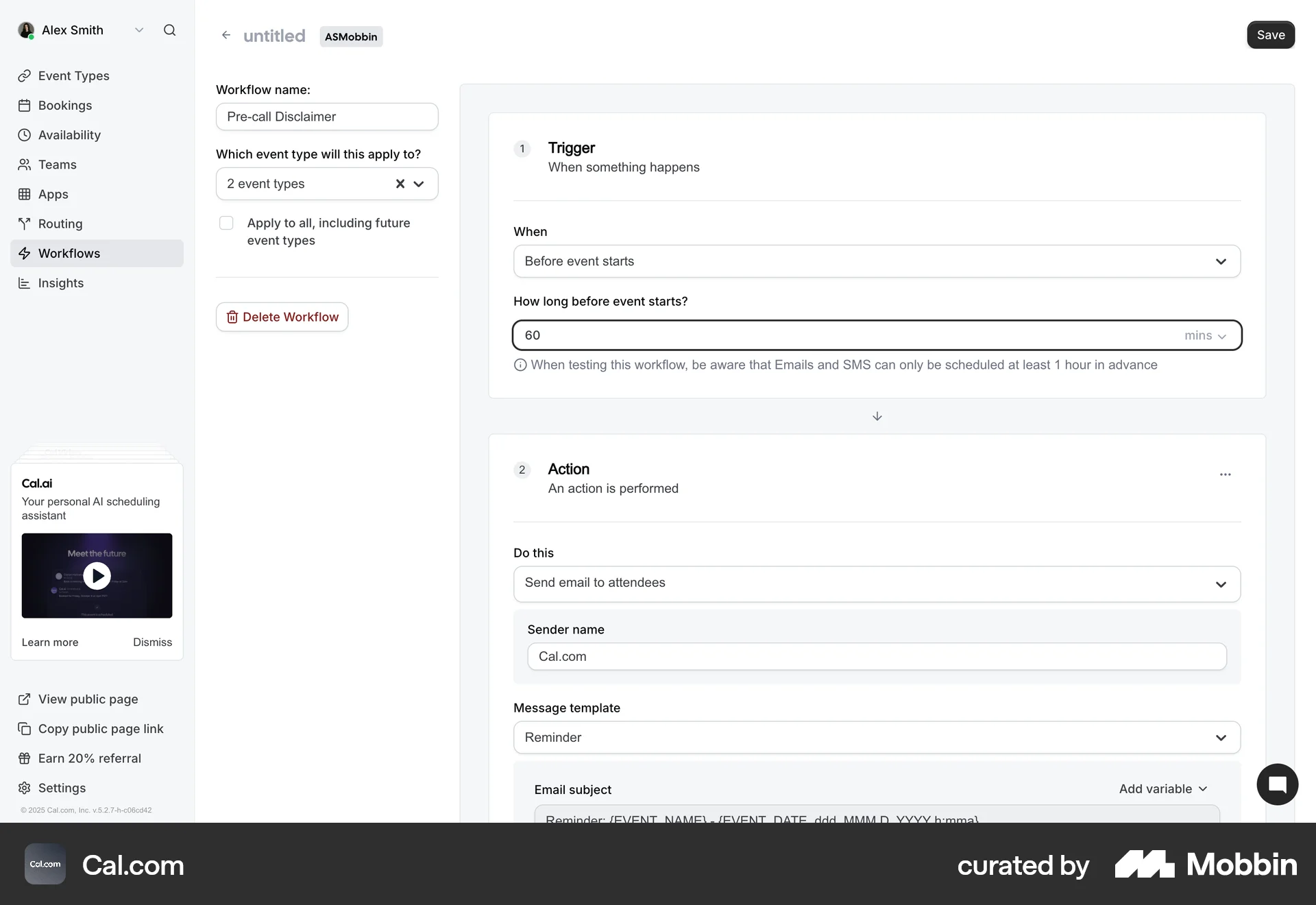 Cal.com Web screen containing Editable Text UI element