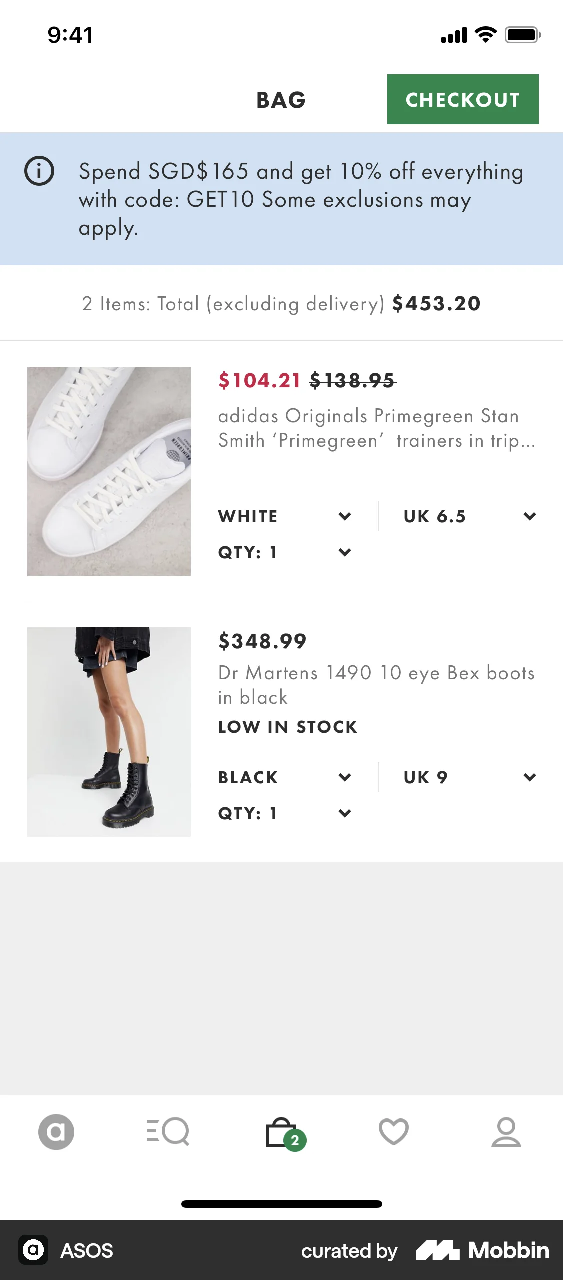 ASOS iOS Mobile Shopping Cart screen