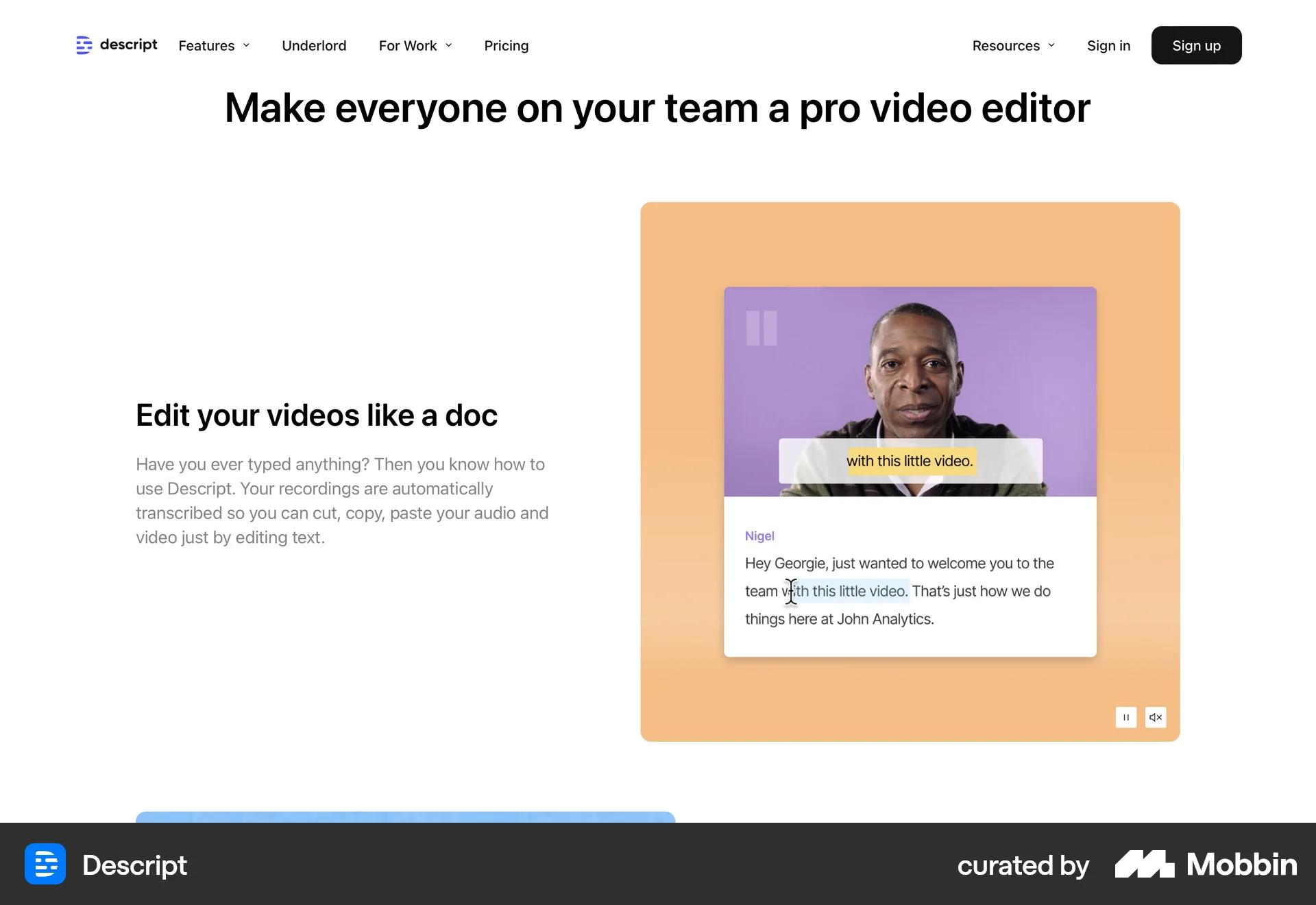 Descript Web Video Player screen
