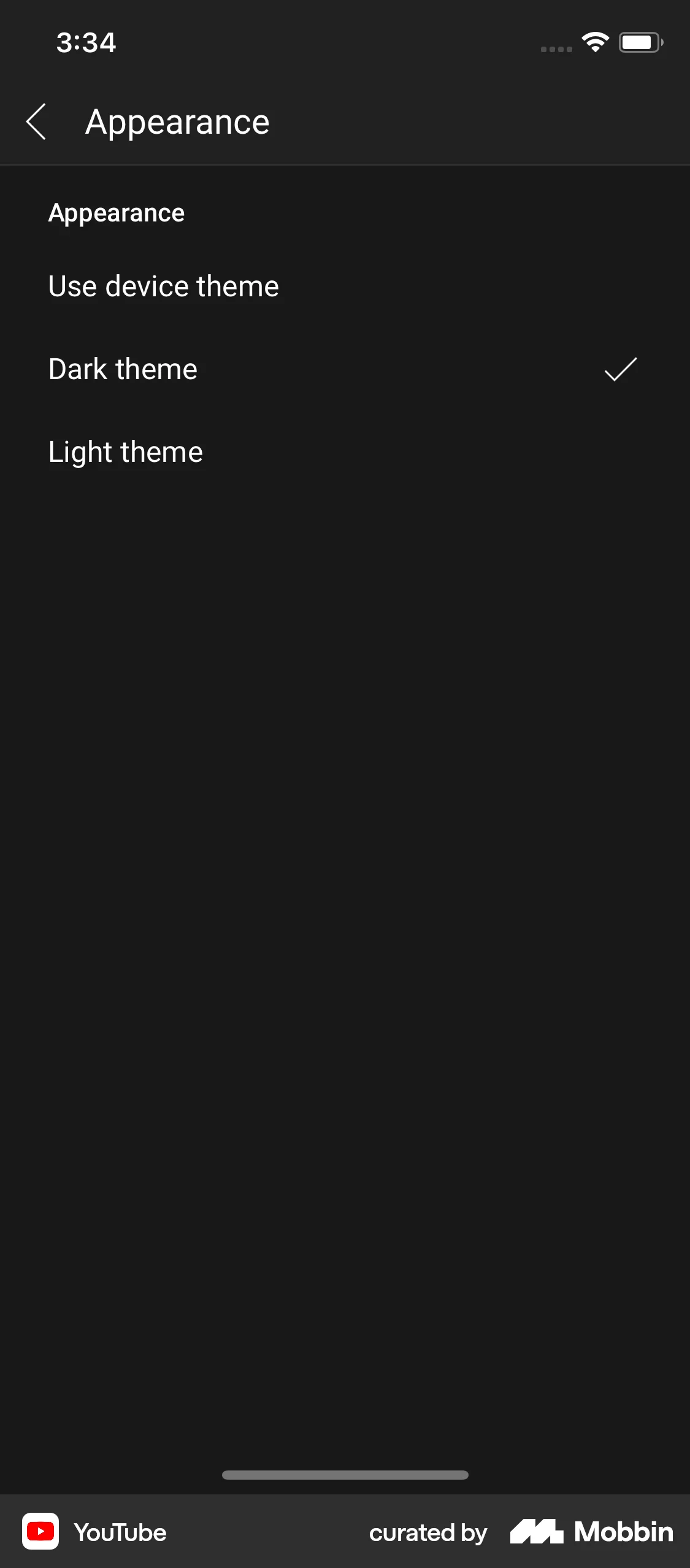 YouTube iOS Dark Mode screen