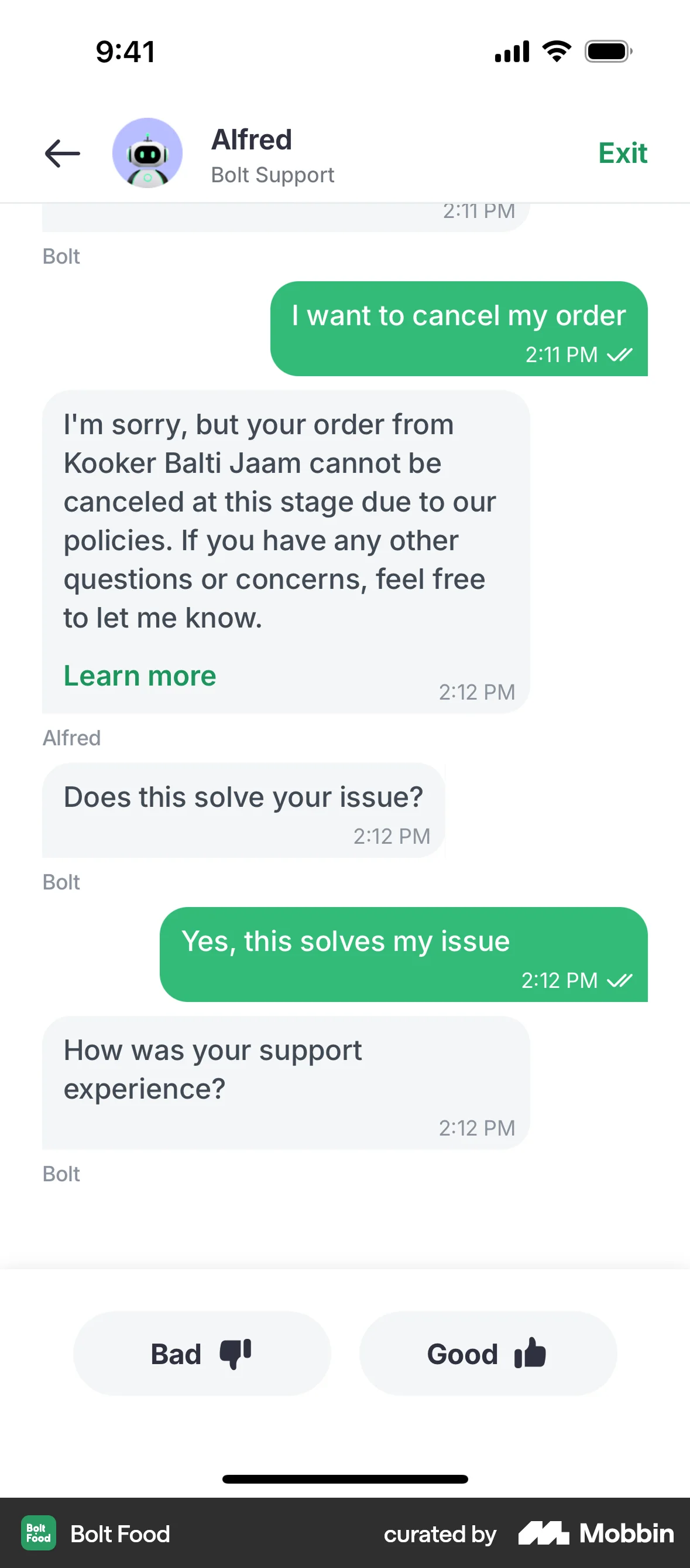 Bolt Food iOS Feedback screen