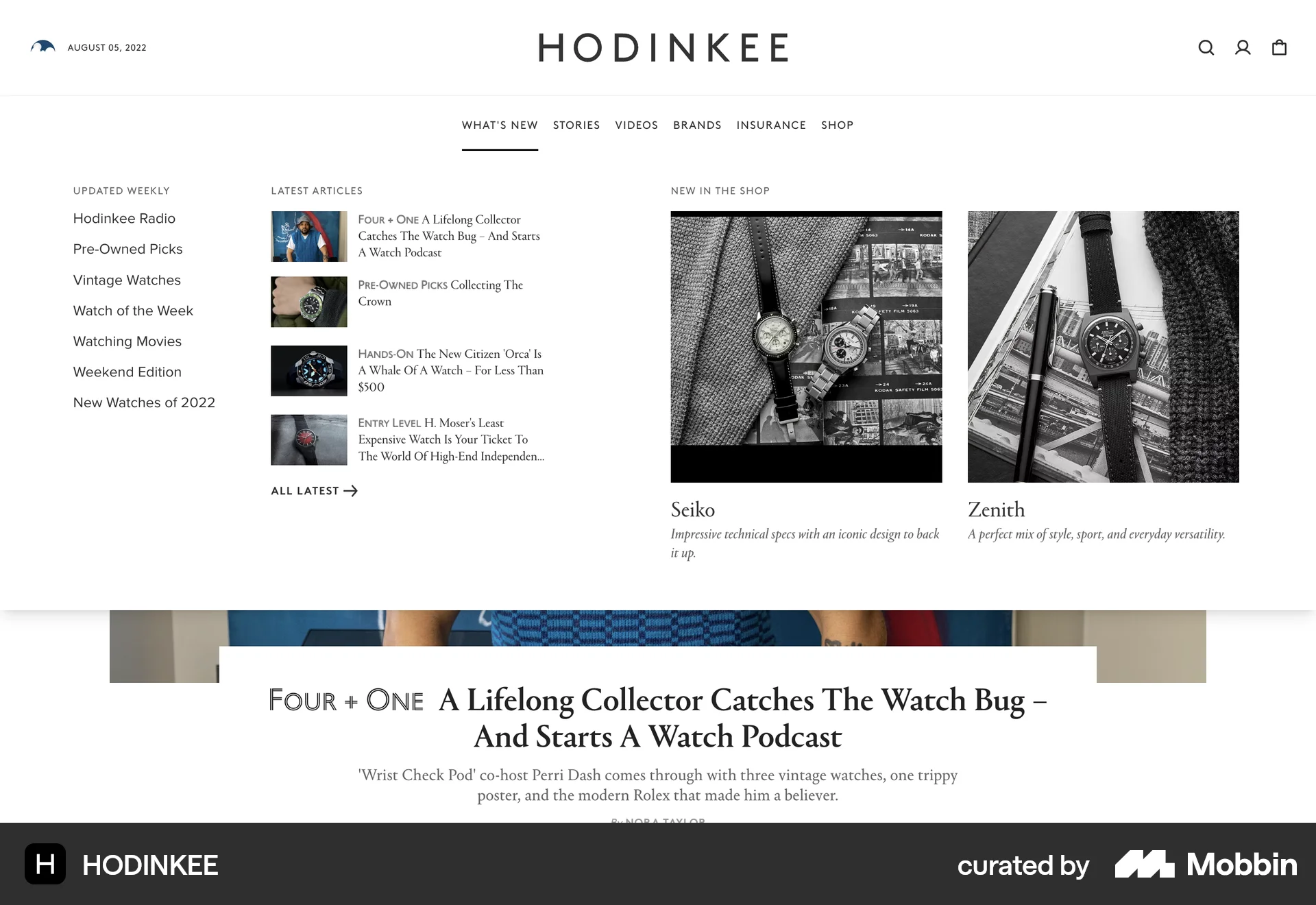 HODINKEE Web screen containing Navigation Menu UI element