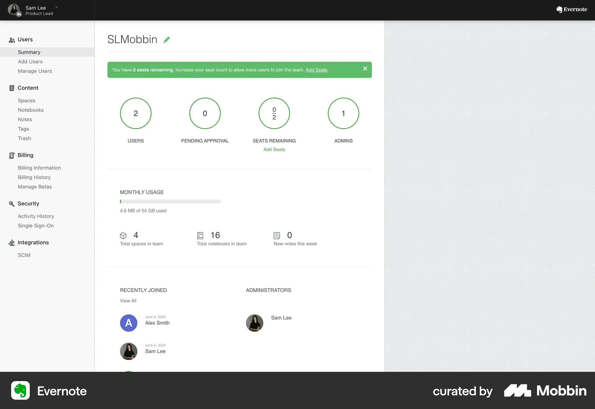 Evernote Web Admin Dashboard screen