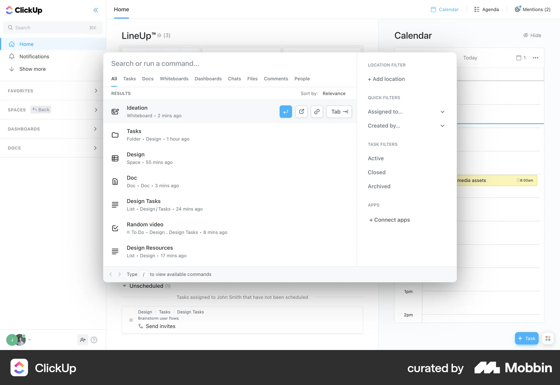 ClickUp Web Command Palette screen