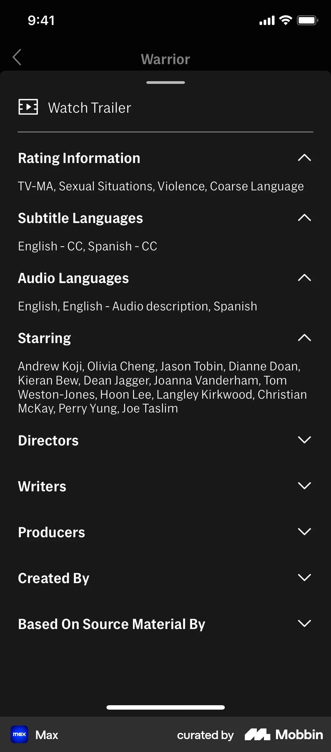 HBO Max iOS TV Show & Movie Detail screen