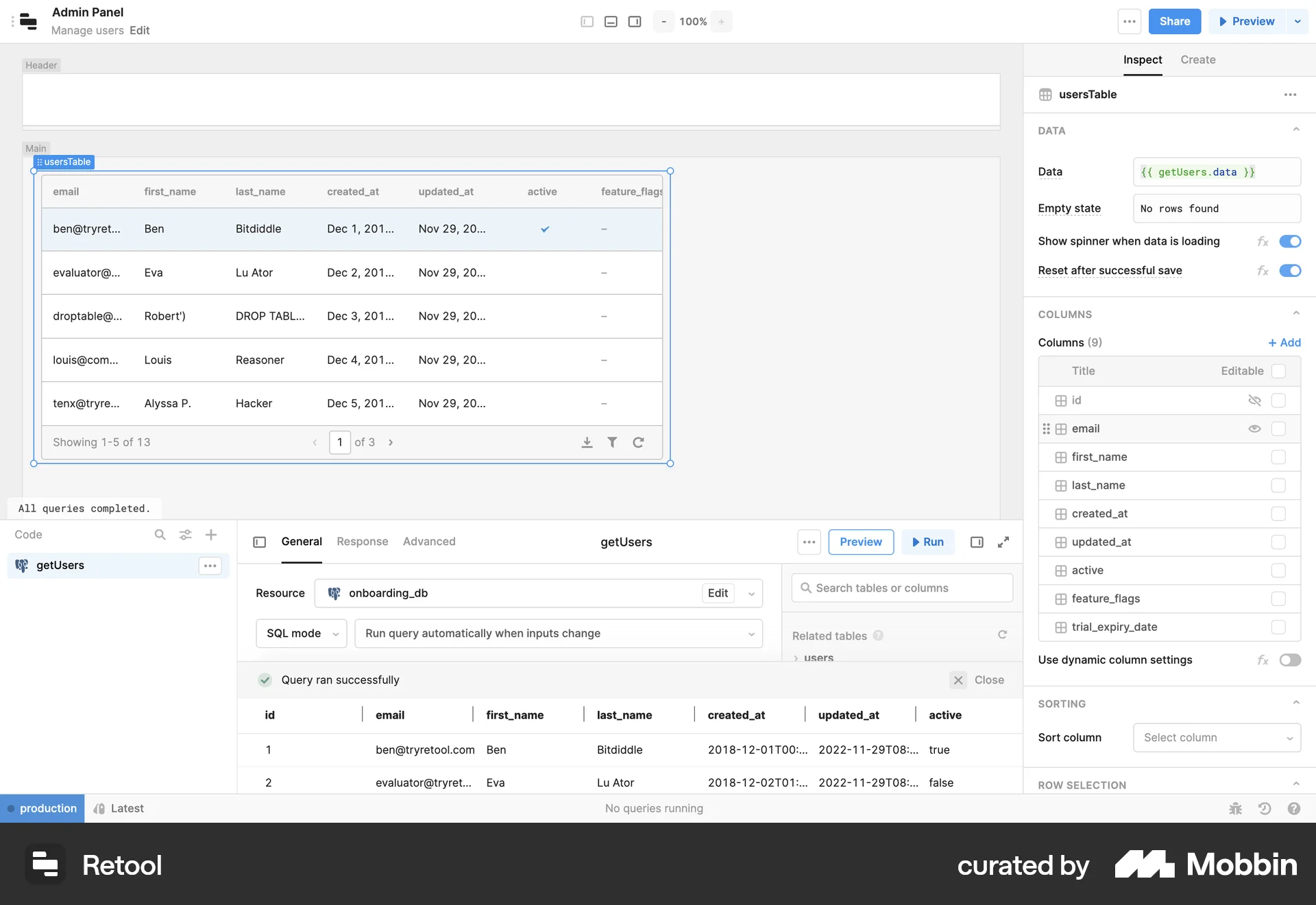 Retool Web Reorder screen