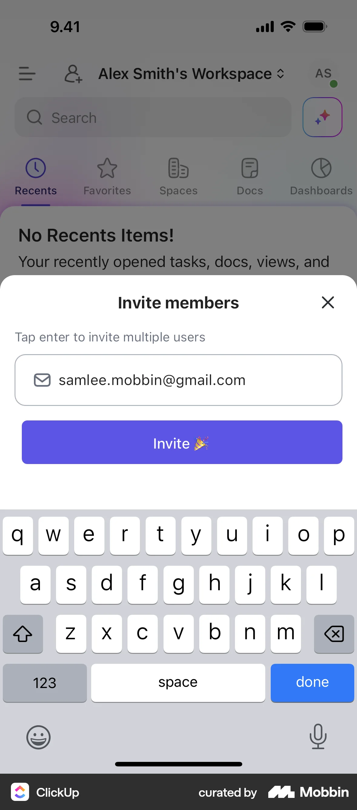 ClickUp iOS Invite Teammates screen