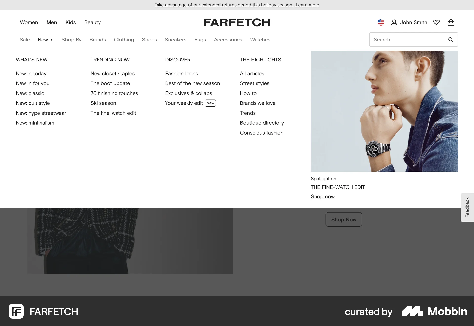 FARFETCH Web screen containing Navigation Menu UI element
