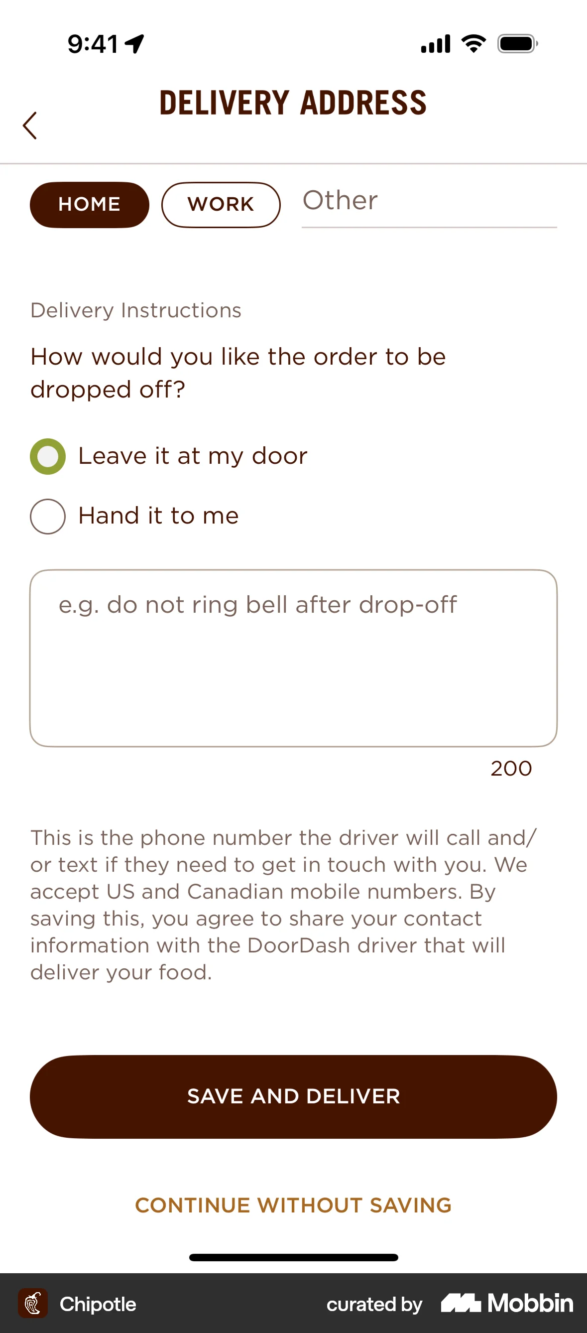 Chipotle iOS screen containing Radio Button UI element