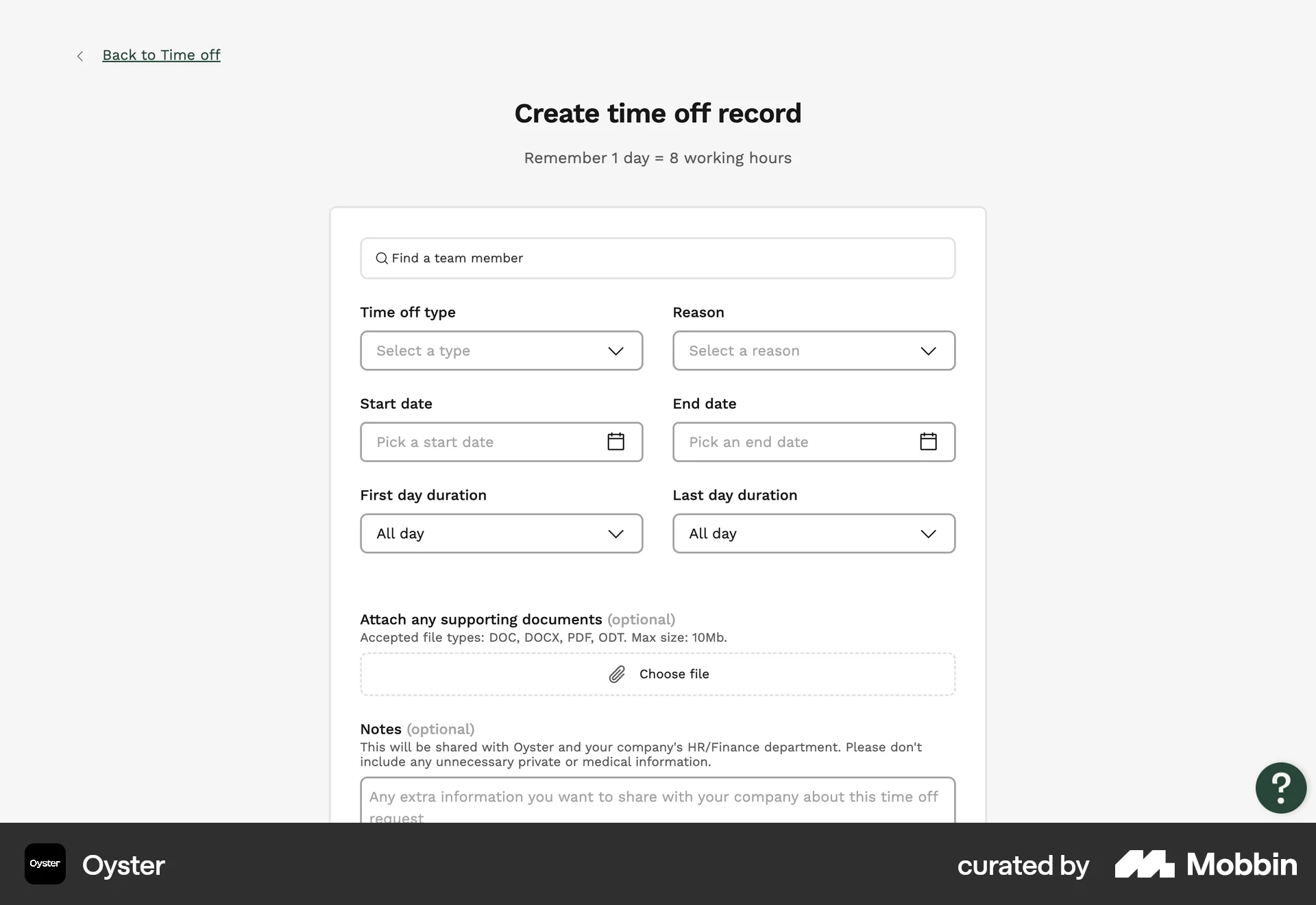 Oyster Web Web Form UI screen