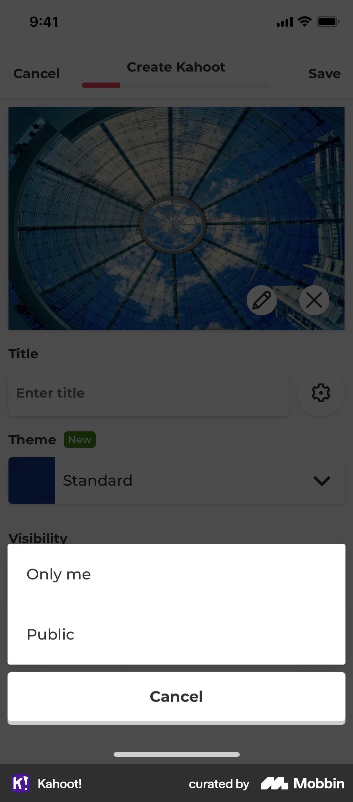 Kahoot! iOS screen containing Action Sheet UI element