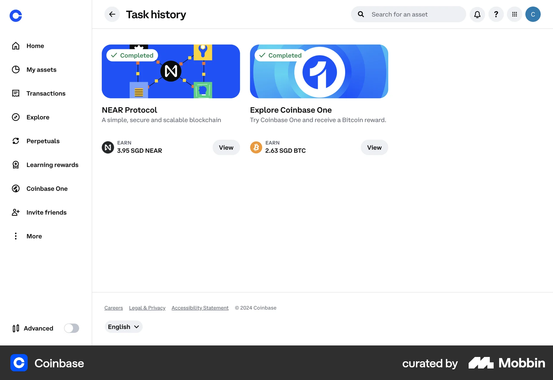 Coinbase Web Timeline & History screen