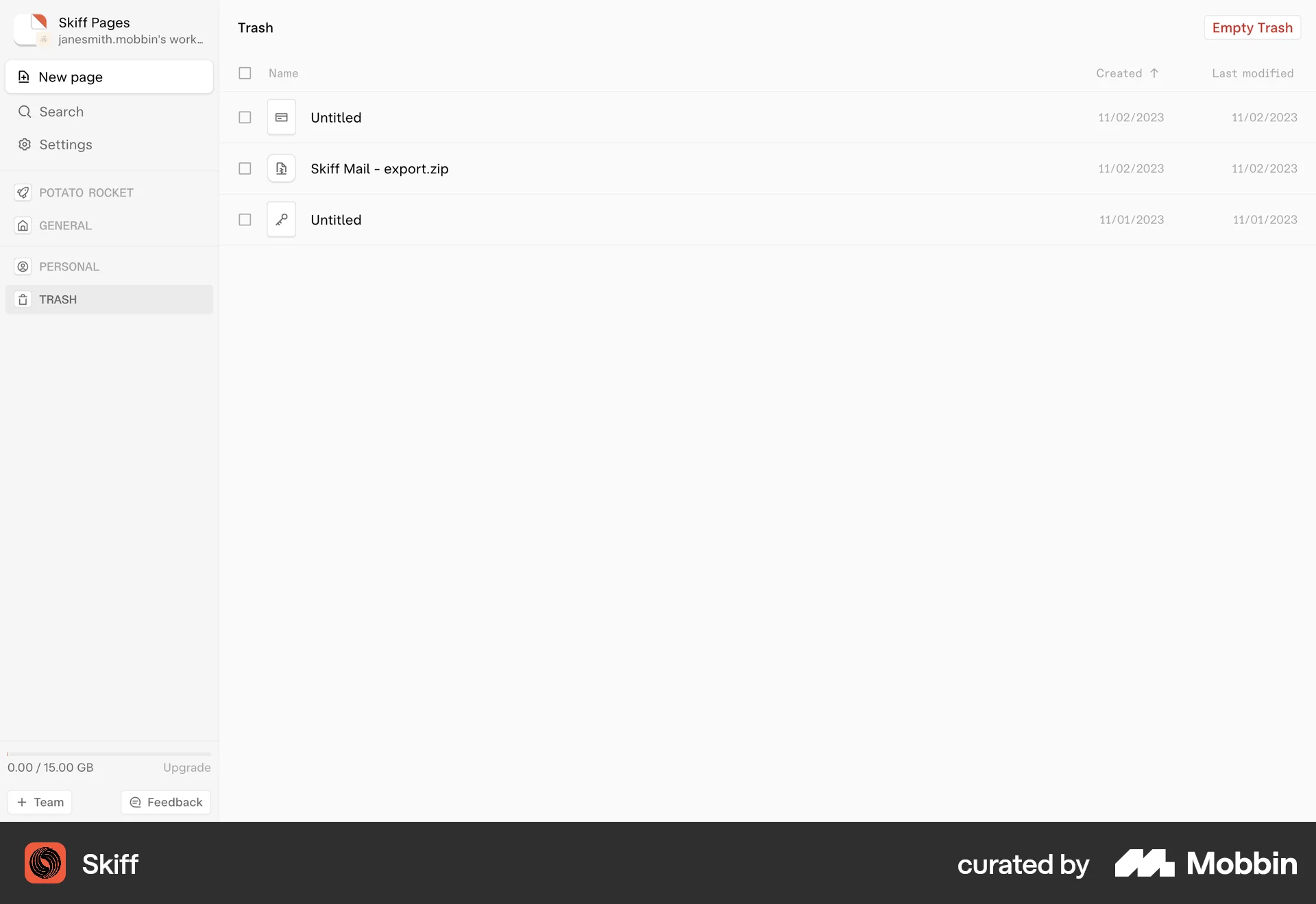Skiff Web Trash & Archive screen