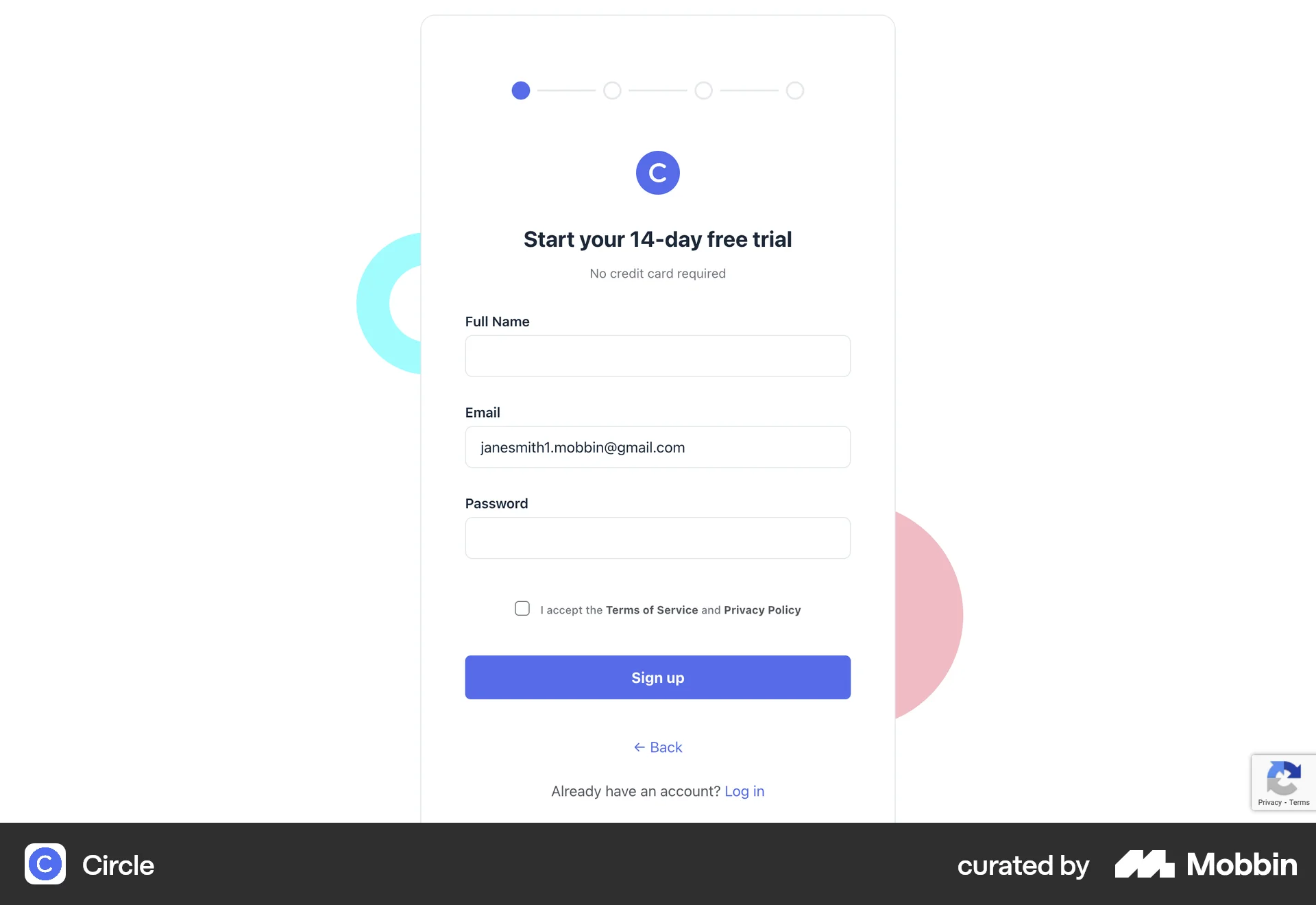 Circle Web Signup screen