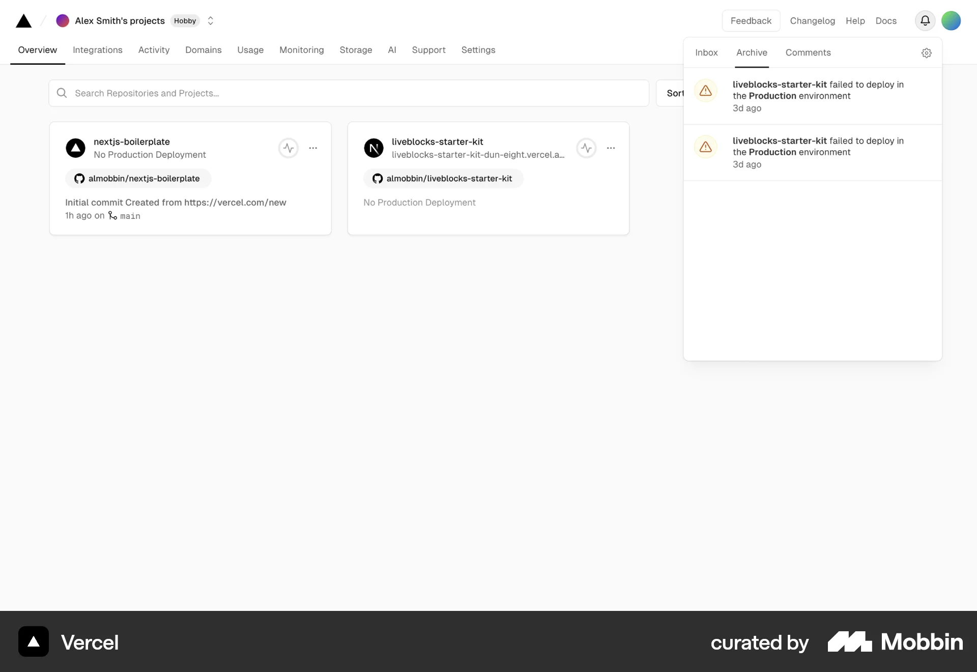 Vercel Web Trash & Archive screen