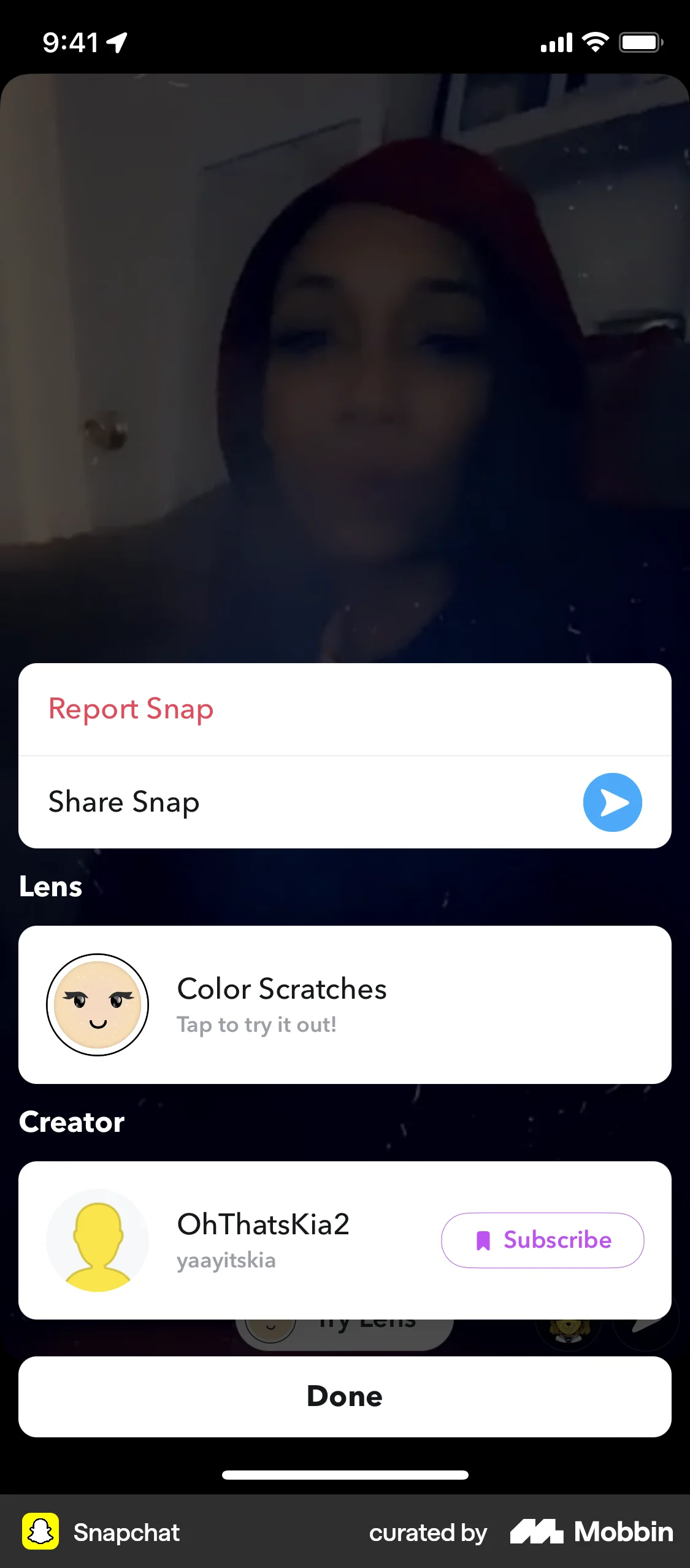 Snapchat iOS screen containing Action Sheet UI element
