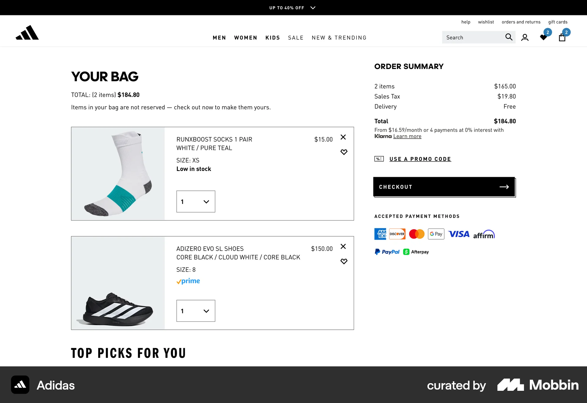 adidas Web Web Shopping Cart screen