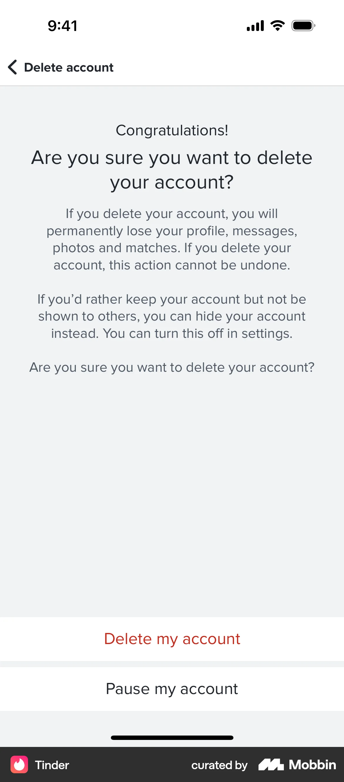 Tinder iOS Delete & Deactivate Account screen