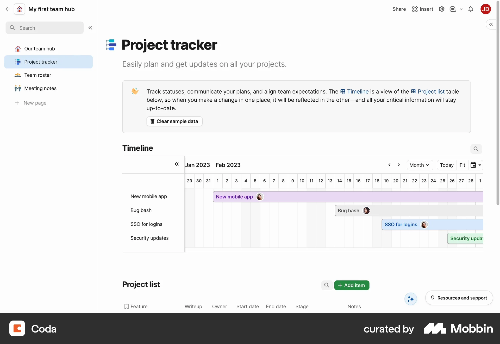 Coda Web Time Tracker screen