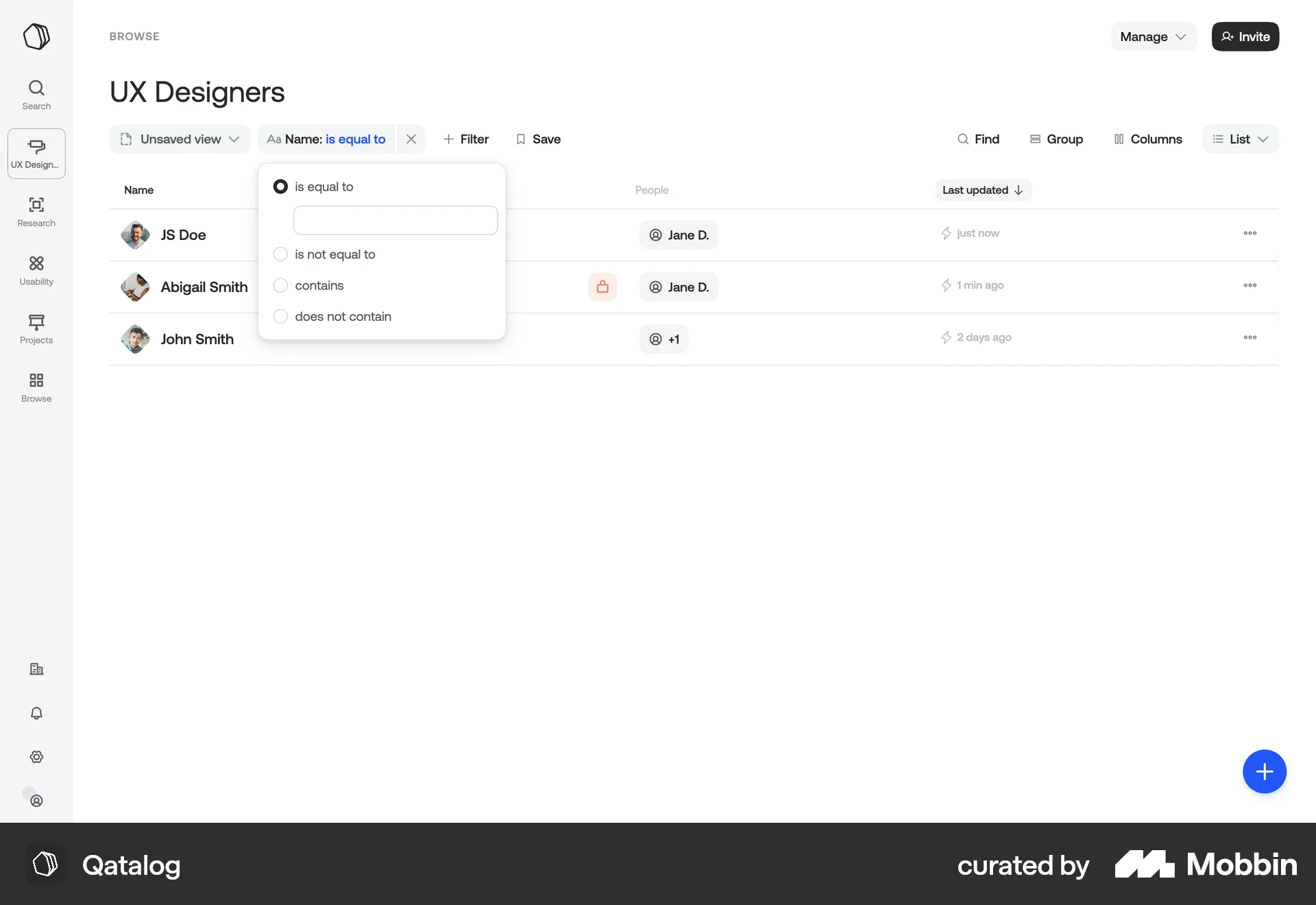Qatalog Web screen containing Radio Button UI element