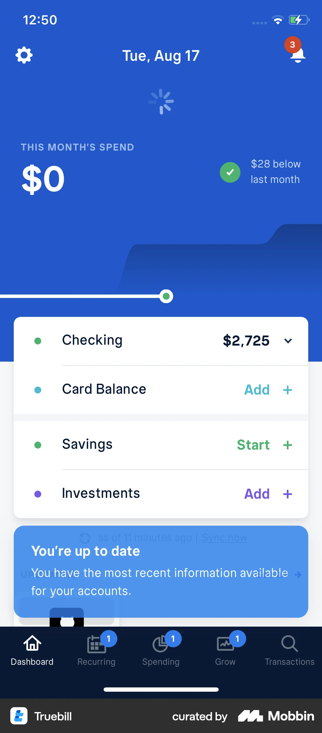 Truebill iOS Pull to Refresh screen