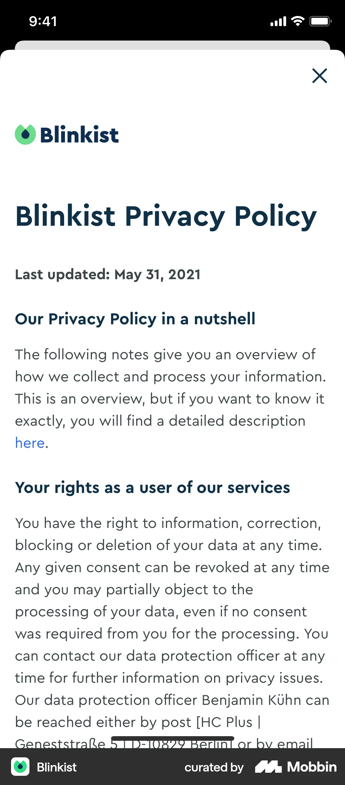 Blinkist iOS Privacy Policy screen