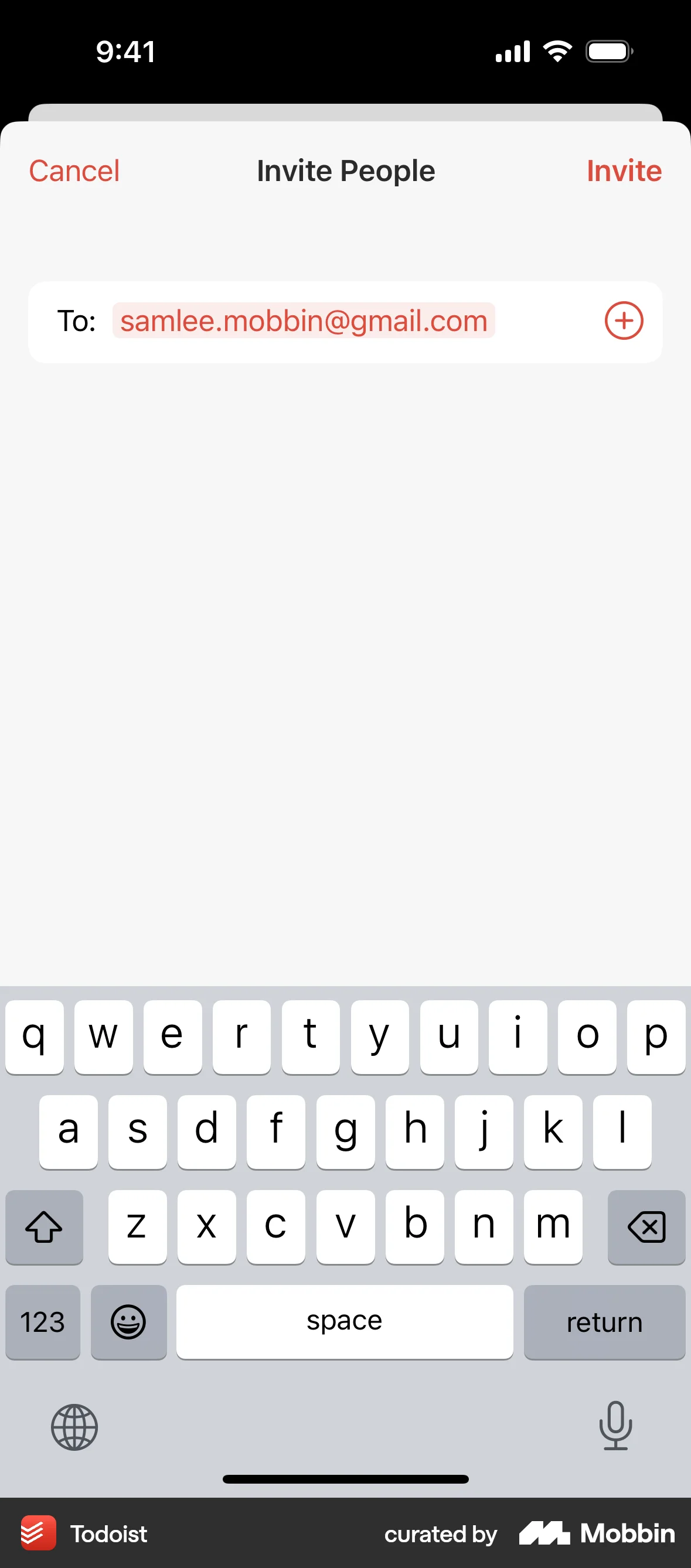 Todoist iOS Invite Teammates screen