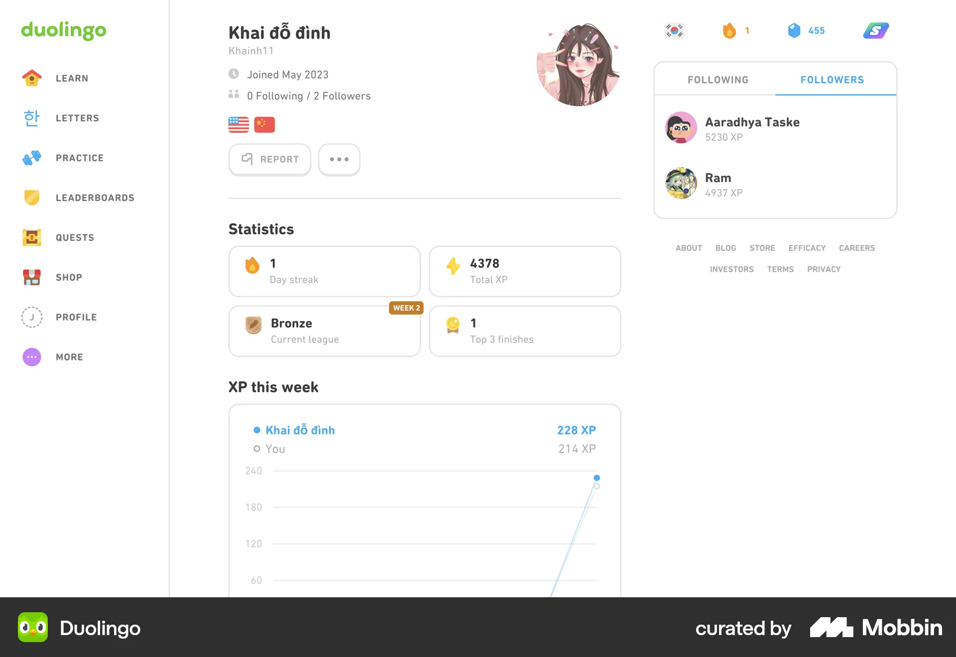 Duolingo Web Followers & Following screen