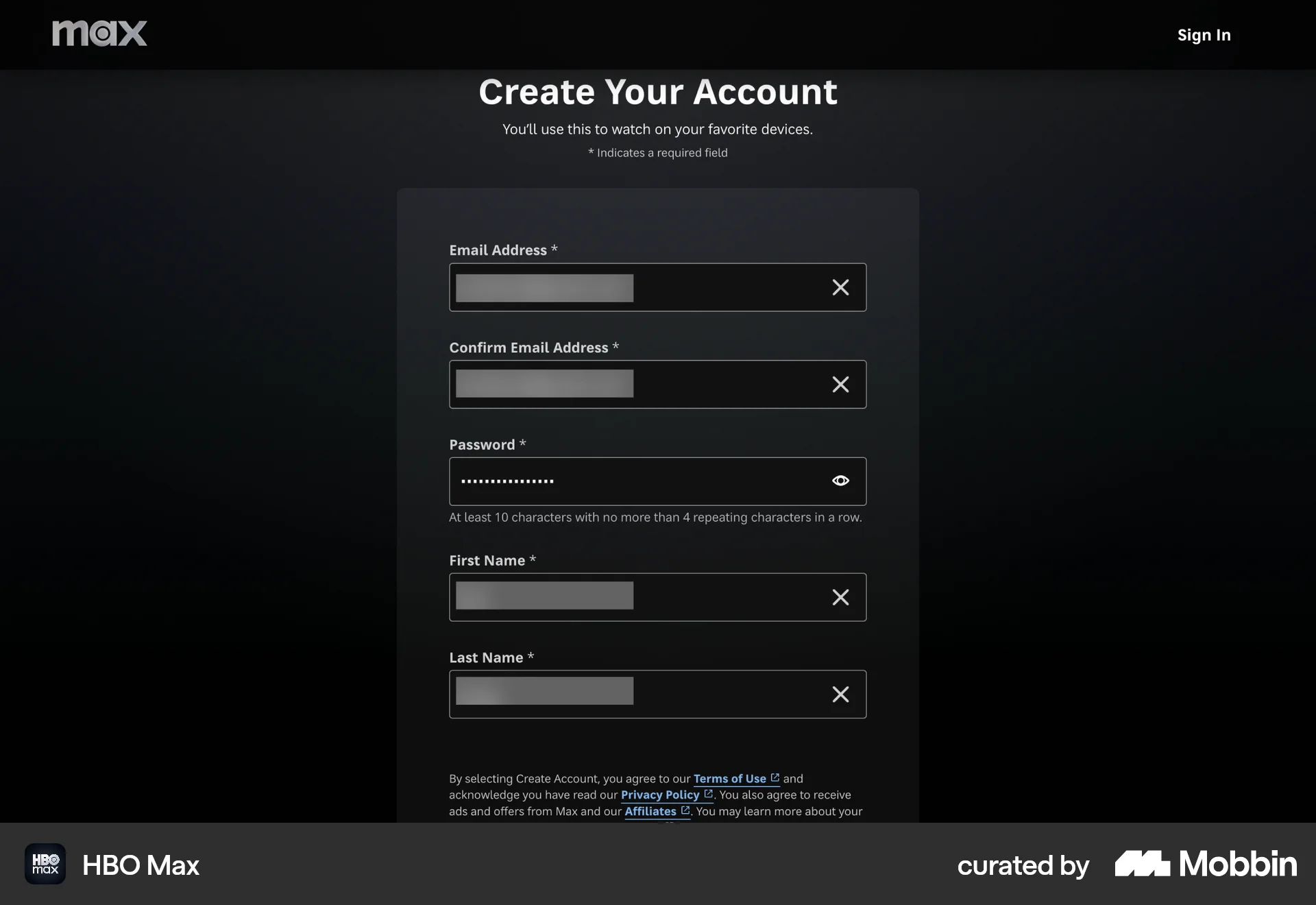 HBO Max Web Entertainment App screen