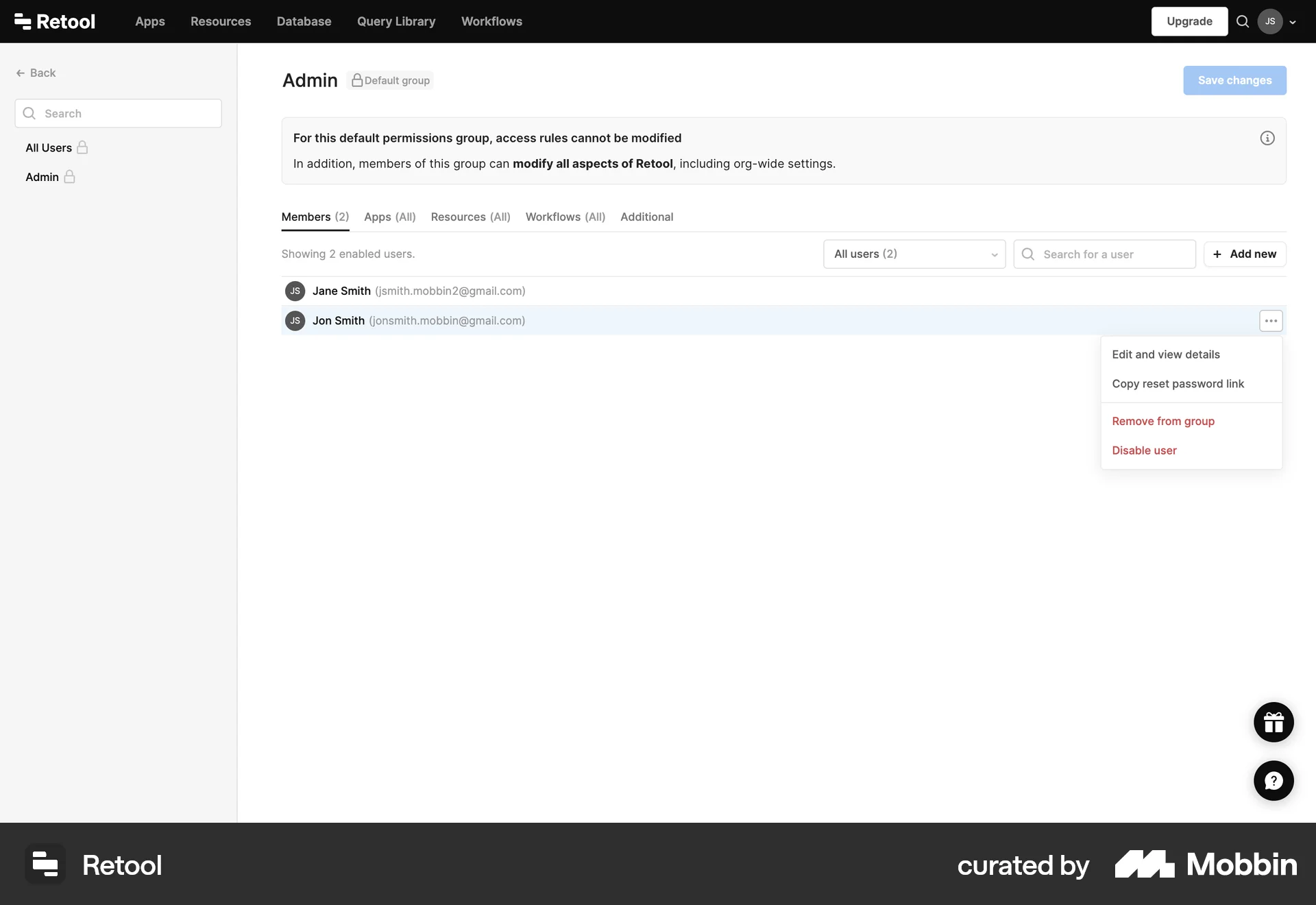 Retool Web Admin UI screen