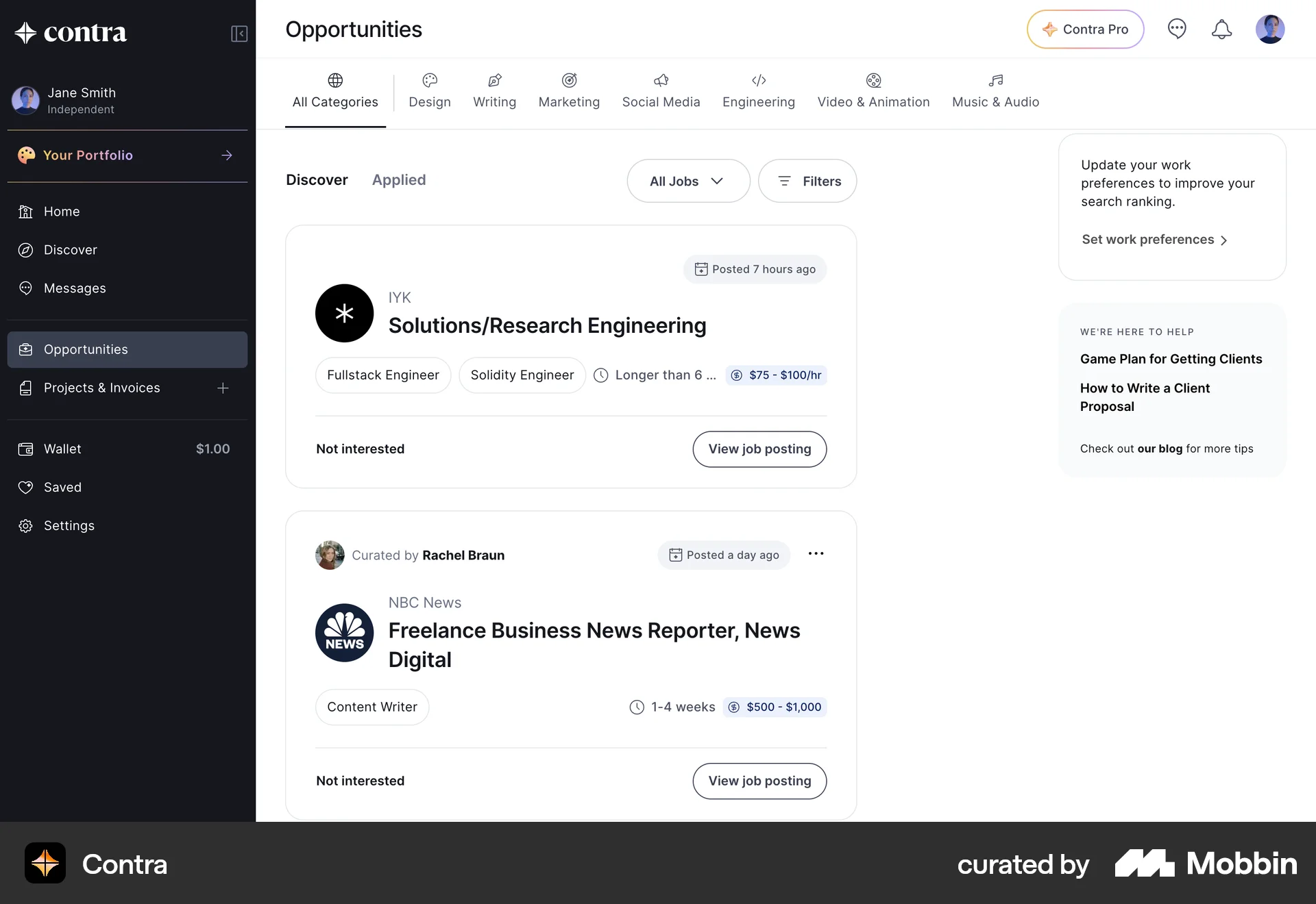 Contra Web Browse & Discover screen