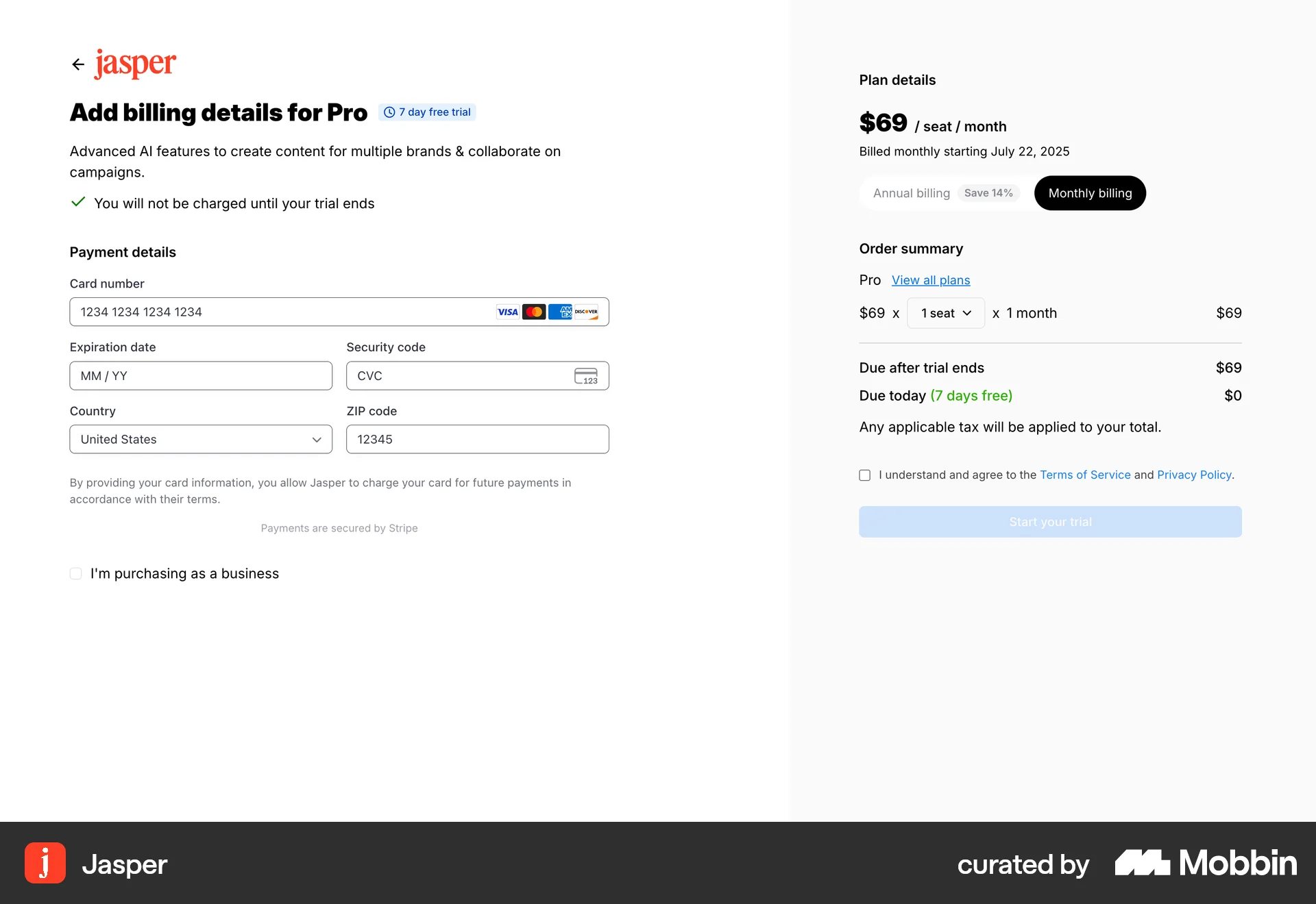 Jasper Web Checkout screen