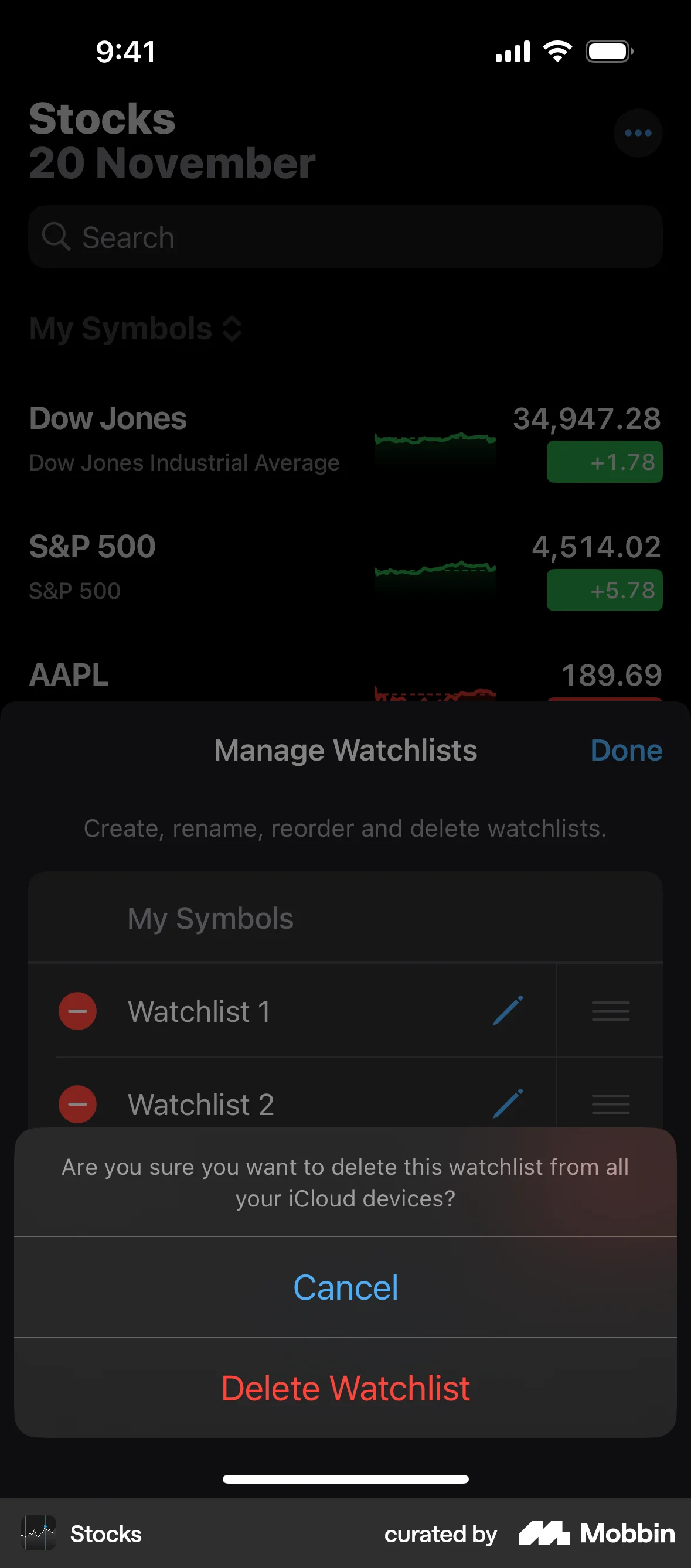 Stocks iOS Delete screen