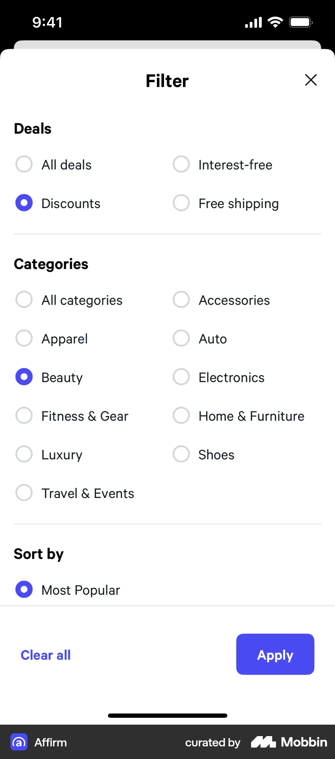 Filtert Button Ios Affirm iOS Filter options | Mobbin