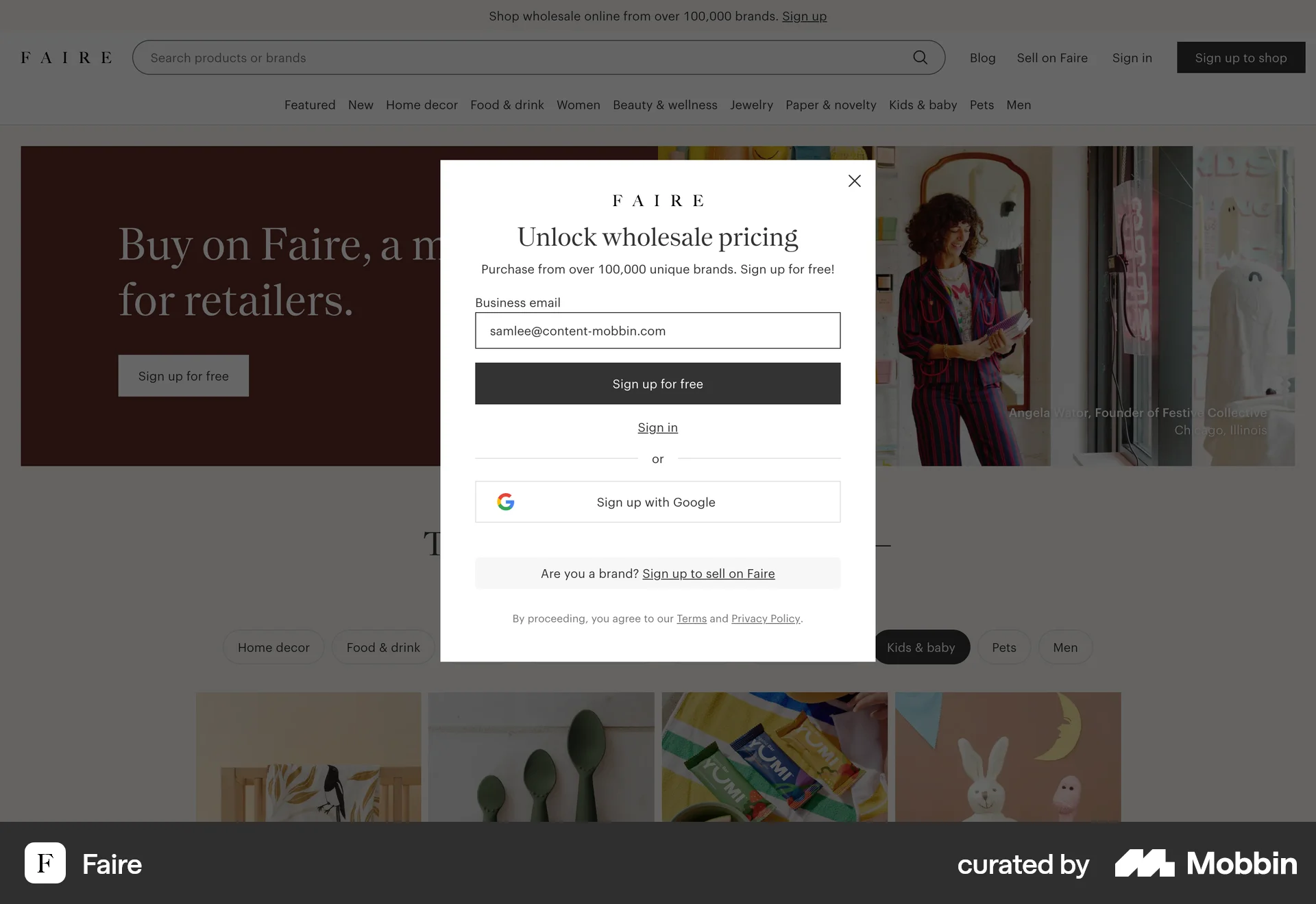 Faire Web Signup screen
