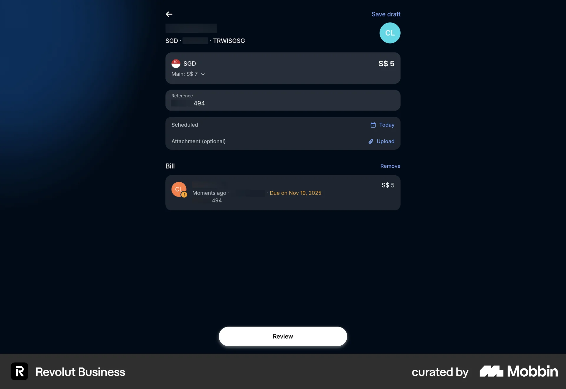 Revolut Business Adding a bill screen