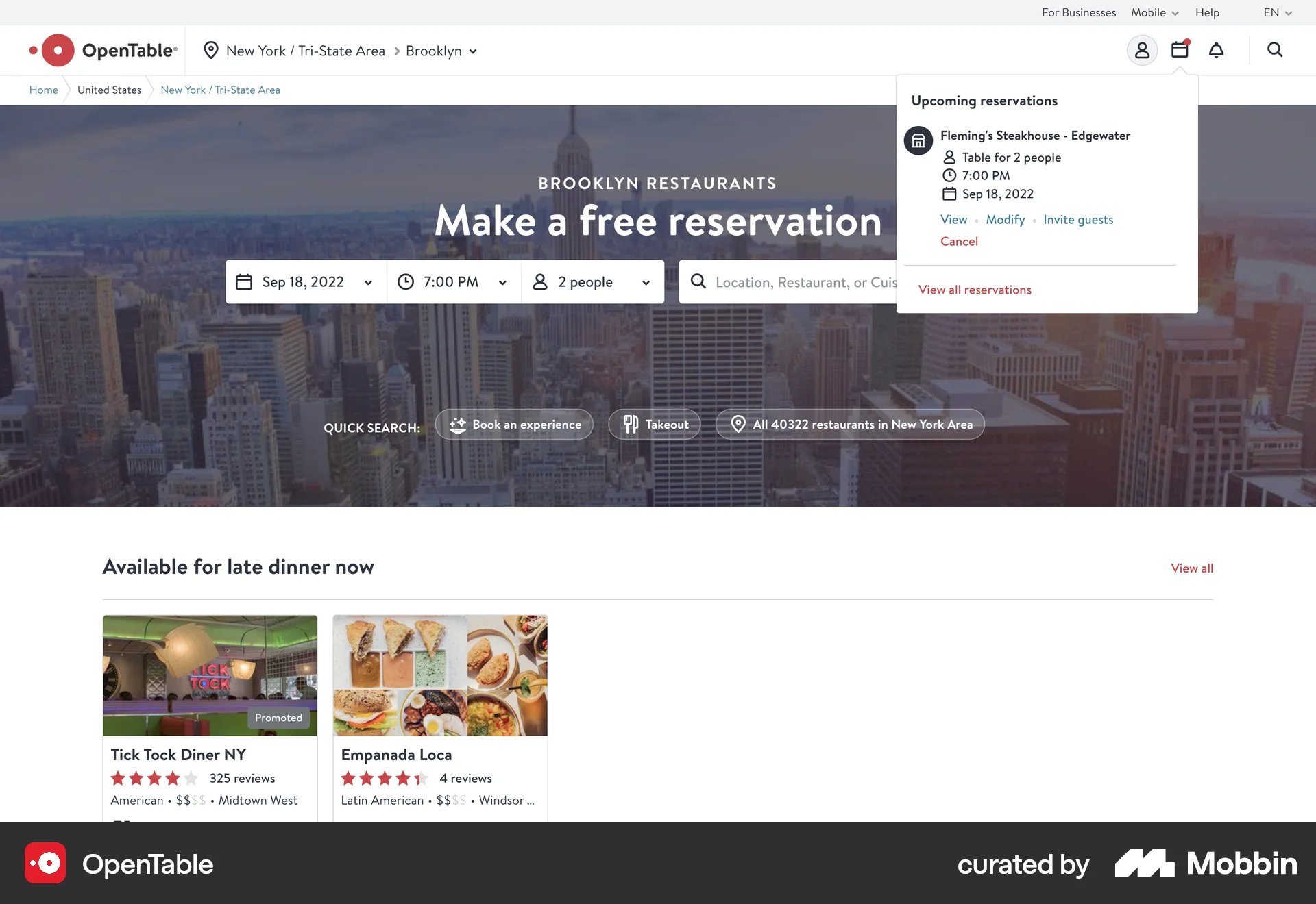 OpenTable Web Order History screen