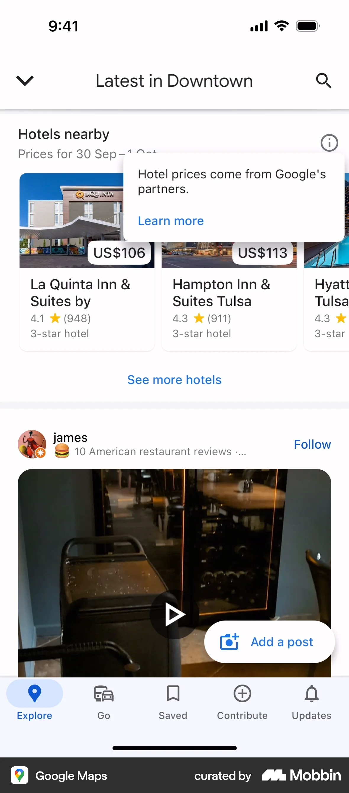 Google Maps iOS screen containing Tooltip UI element