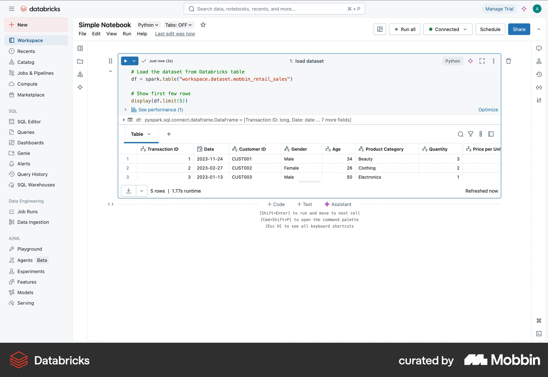 Databricks Web Action Option screen