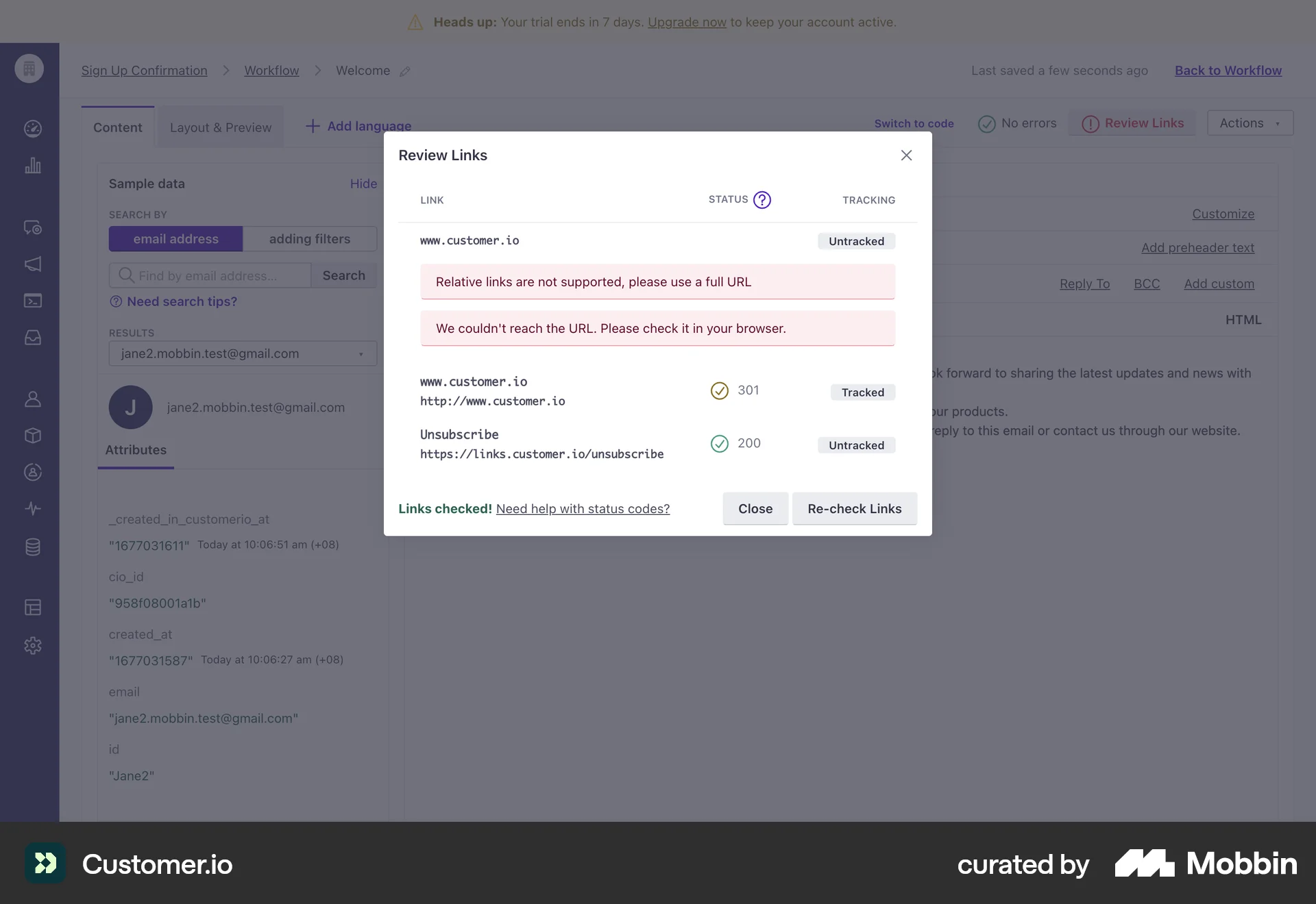 Customer.io Web Other Action screen