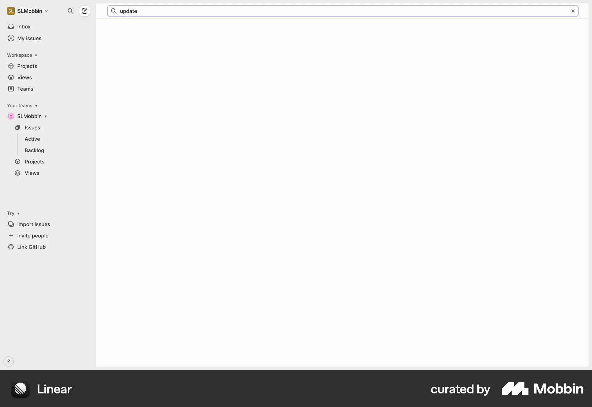 Linear Web screen containing Search Bar UI element