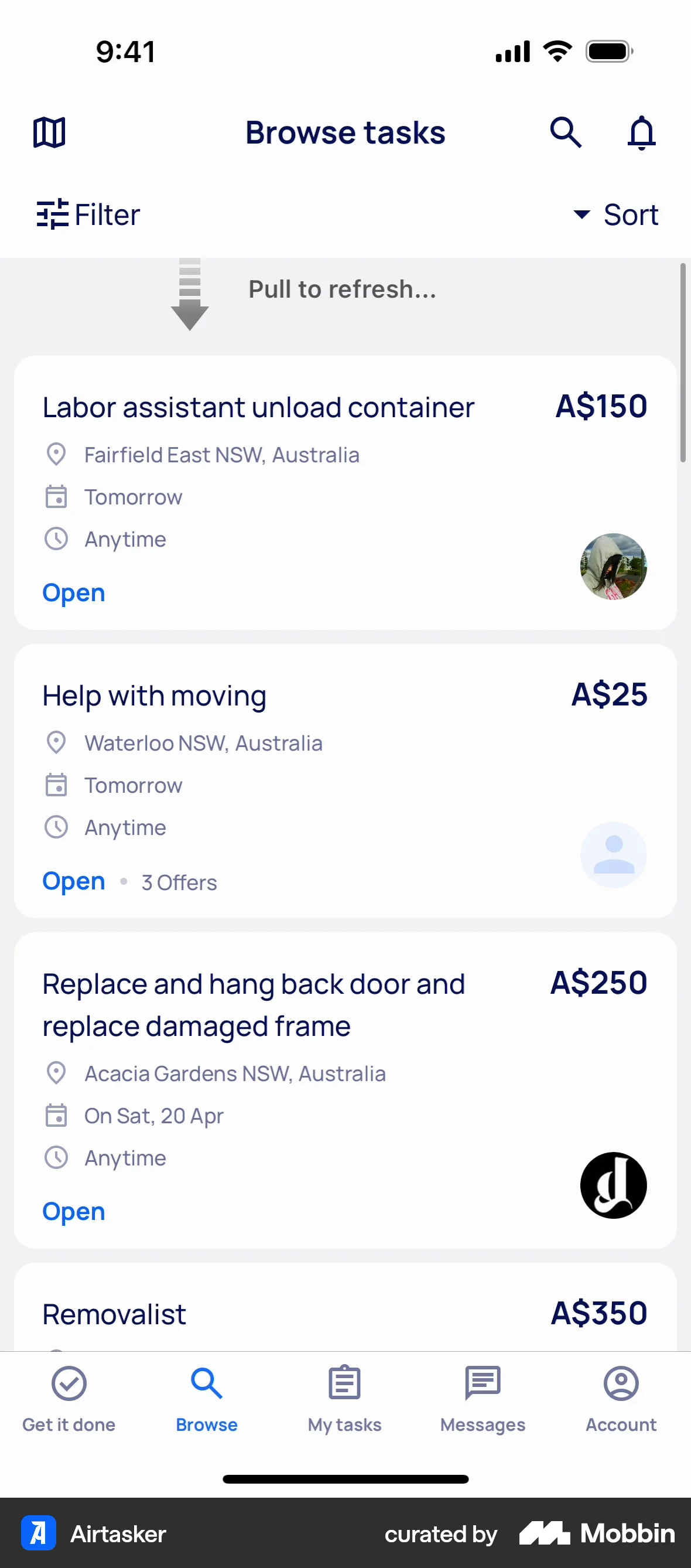 Airtasker iOS Pull to Refresh screen
