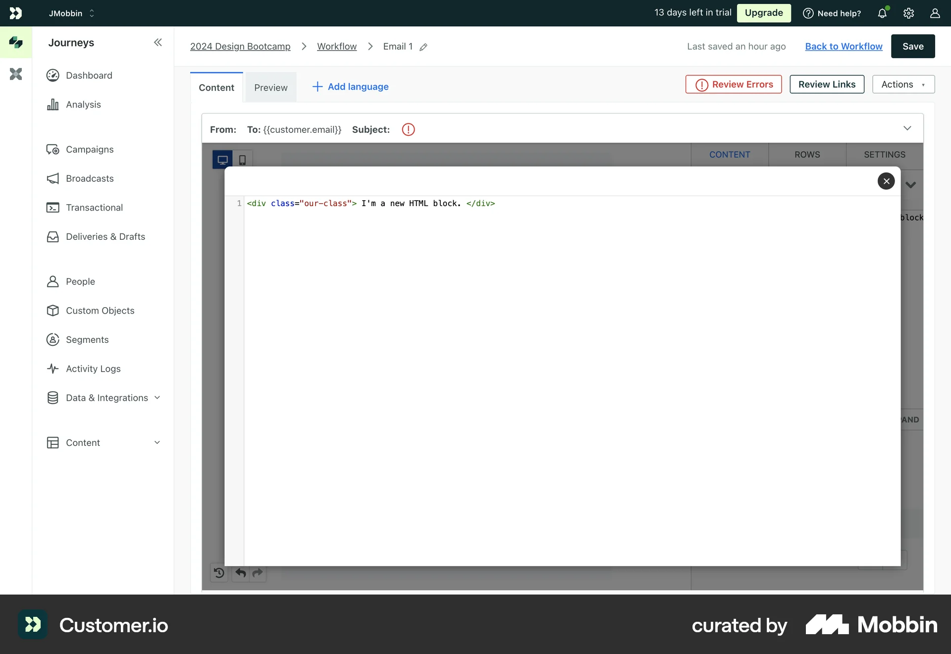Customer.io Web Code Editor screen