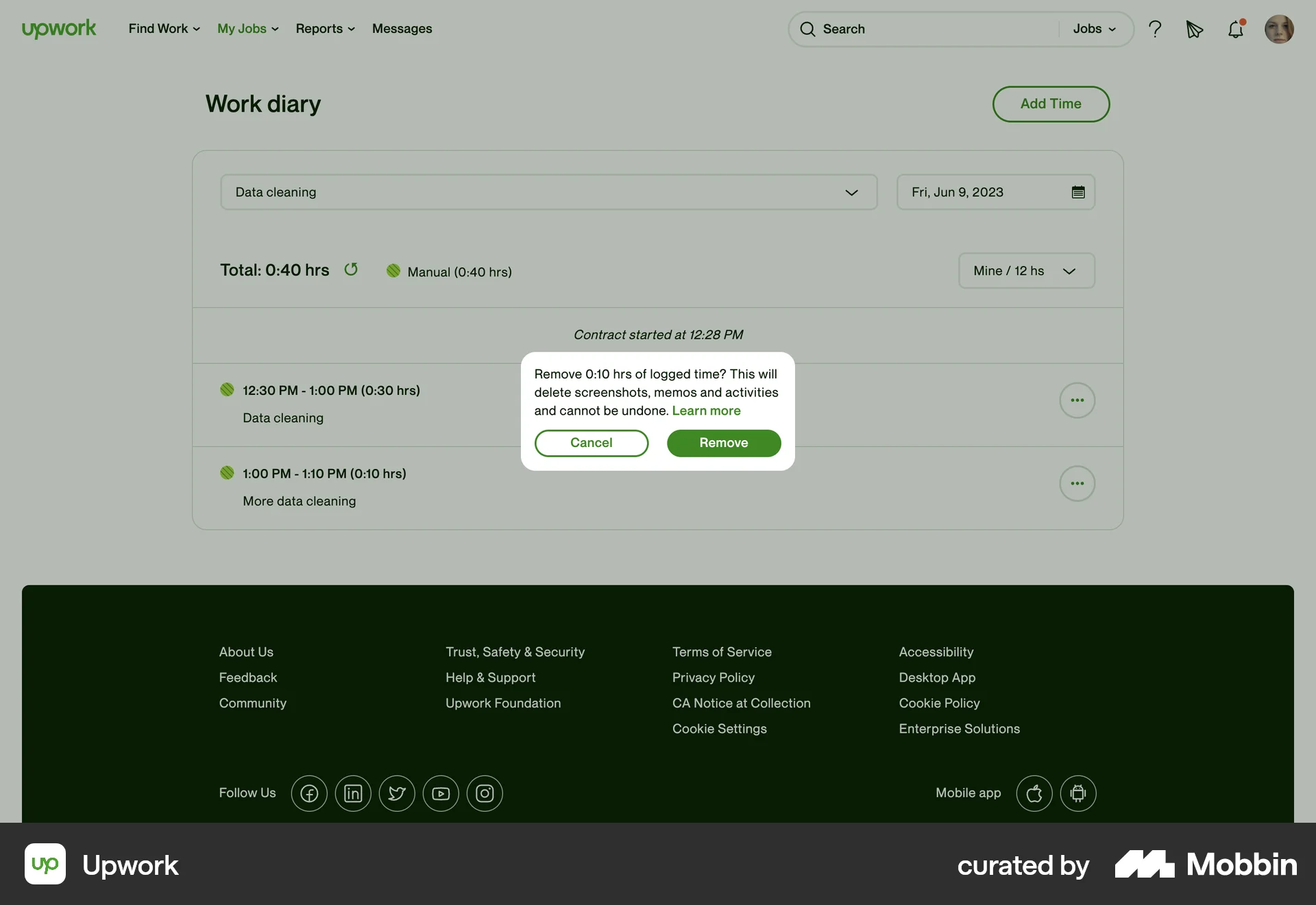 Upwork Web Delete screen